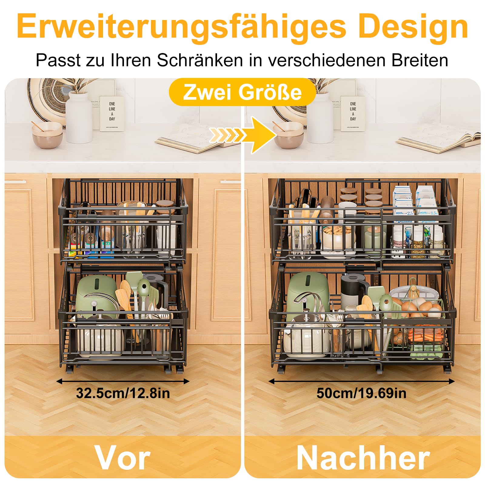 2 Stück Teleskopschublade Ausziehbare Schublade Küche Schubladen Küchenschrank Organizer Küche mit Klebestreifen Ausziehbar Schrank Organizer Kein Bohren Expandierbare Breite 33-50*38*17cm
