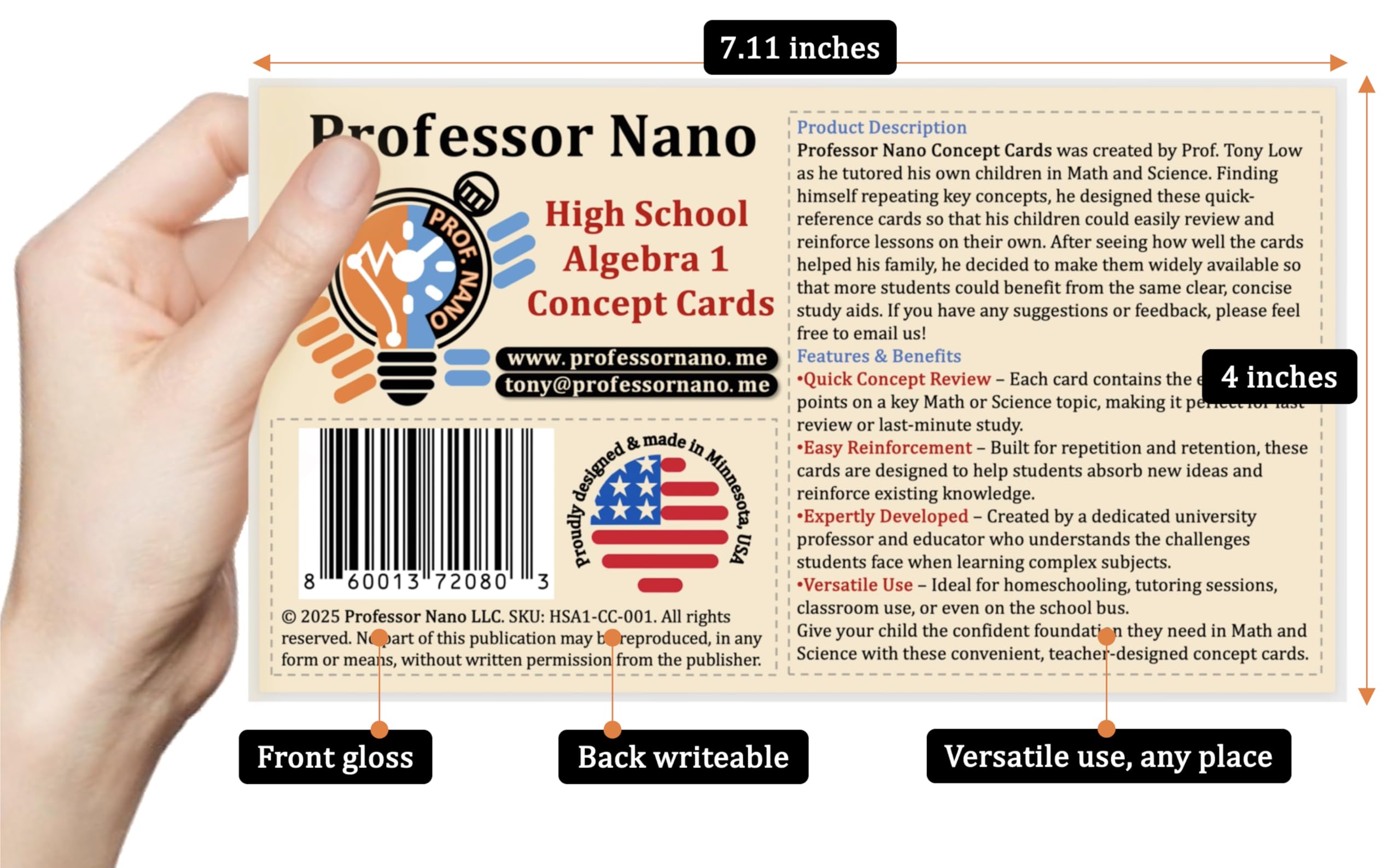 Professor Nano High School Algebra 1 Concept Cards (4x7.11 inches, Set of 10) Cheat Sheet, Quickstudy - Image 3