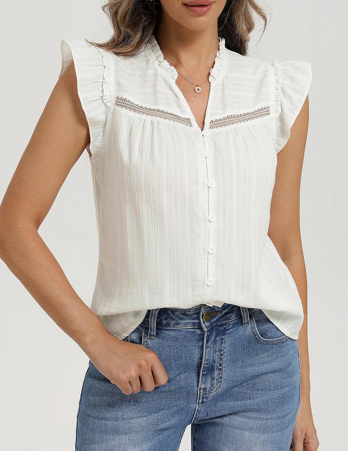 Belle Poque Women's Ruffle Sleeve Cotton Shirts V Neck Button Down Lace Crochet Blouses Spring Summer Dressy Casual Tops 2026 - Image 2