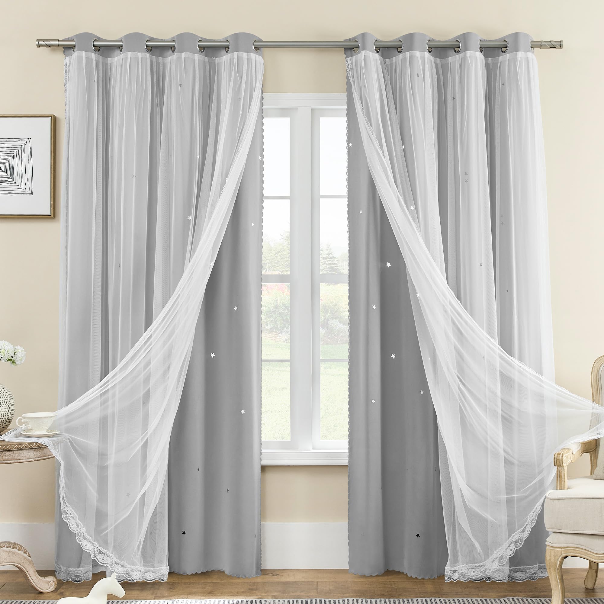 XiDi Grey Blackout Curtains 2 Panels for Bedroom Girls Kids Baby Boys Window Curtain Double Layer Star Cut Out Aesthetic Living Room Decor Wall Home Decorations Curtain, Light Grey W52 x L72 Inches