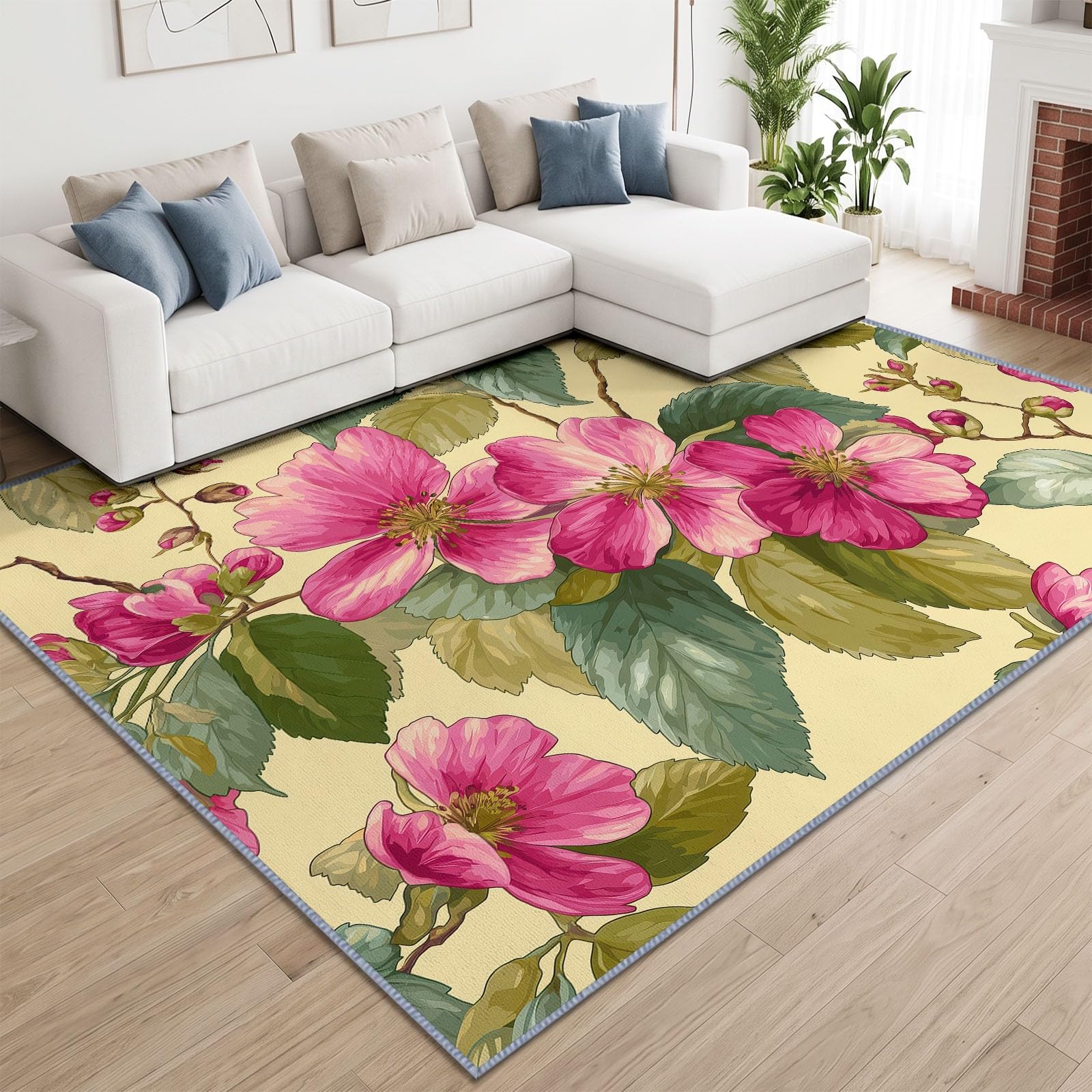 Générique Pastoral Botanique Tapis de Salon Lavable 120 x 170 cm, Imprimé Doux Motifs Floraux Feuilles Vertes Tapis Chambre Poils Courts Décoratif Antidérapant pour Bureau à Domicile