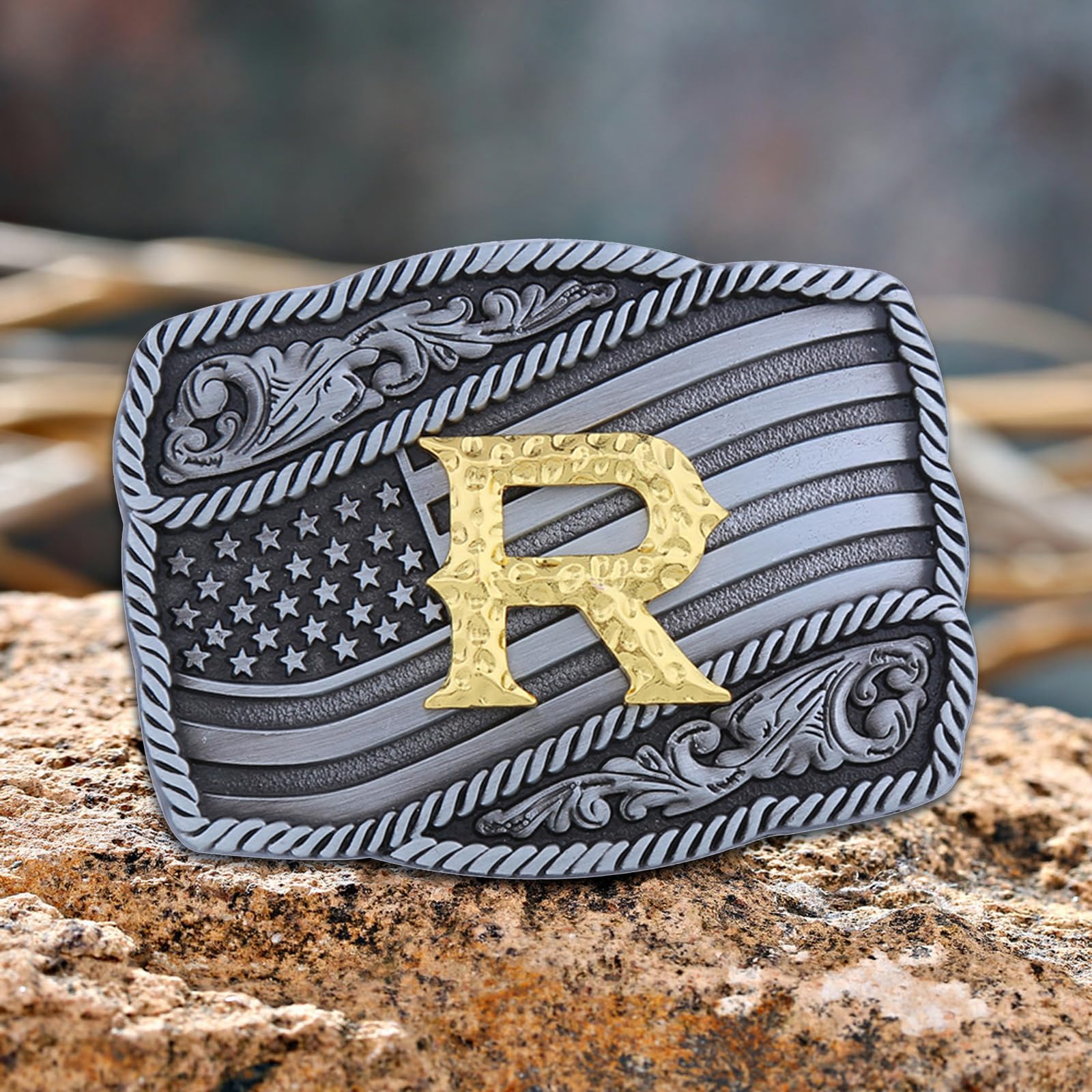 Fibbadet Western Cowboy Belt Buckle for Men Women, Initial Letters American Flag Belt Buckle for Husband Wife Him Her Boyfriend Girlfriend (R)