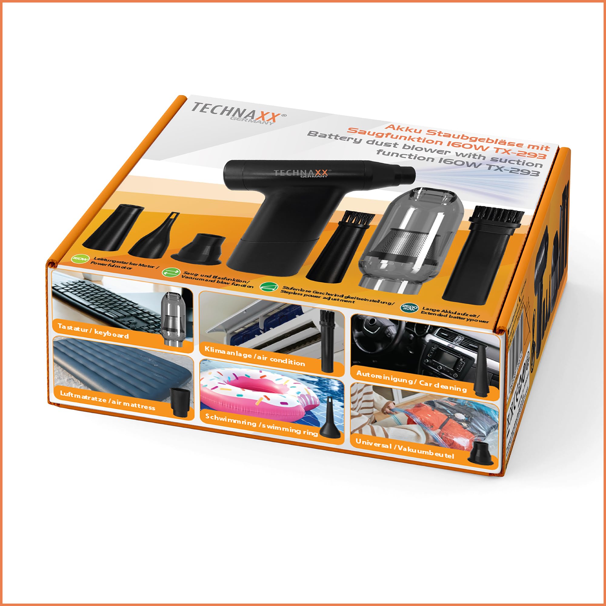 Technaxx TX-293, aspirapolvere portatile a batteria con spolverino d'aria, aspiratore elettrico ricaricabile da 160 W - Controllo continuo della velocità, 5 accessori versatili - Ideale per auto, tast