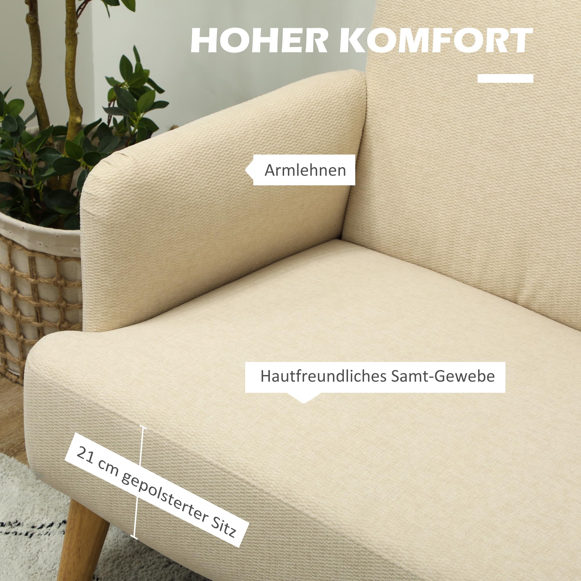 HOMCOM 2 Sitzer Sofa Kleines Sofa Holzbeine 130 x 74 x 79 cm Cremeweiß