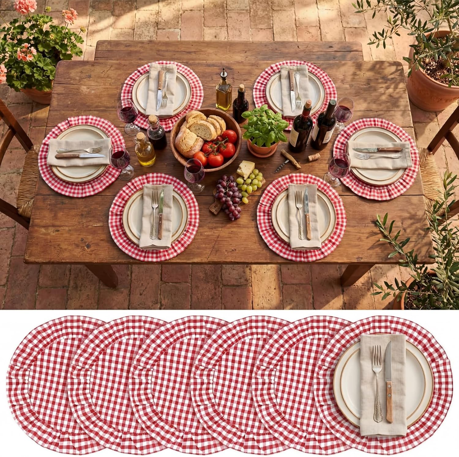 6 Set Red Gingham Party Placemats 17'' x 17'' Ruffle Placemats Washable Vintage Checkered Plaid Table Mats for Home Kitchen Dinner Table Party Decorations