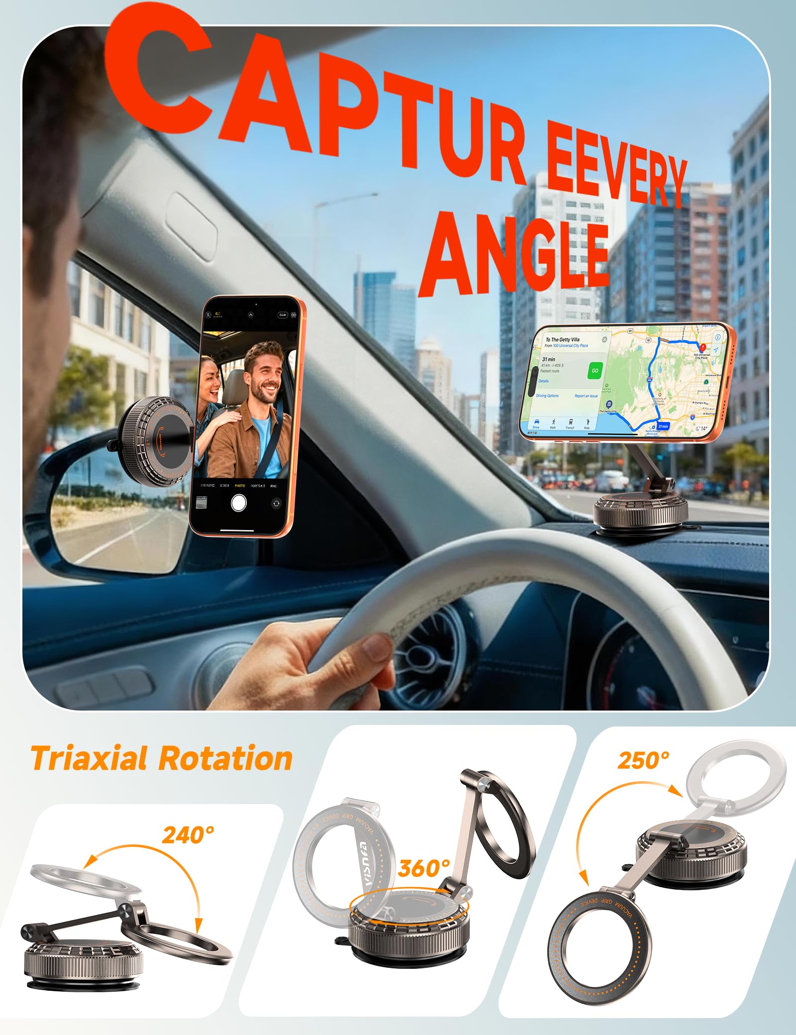 visnfa Próżniowe magnetyczne uchwyty na telefon do Twojego samochodu [105 + ssanie LBS i magnetyczne 3800 gf] regulowany 360° uchwyt samochodowy Magsafe do iPhone'a 17 16 15 14 13 12 Series i Android