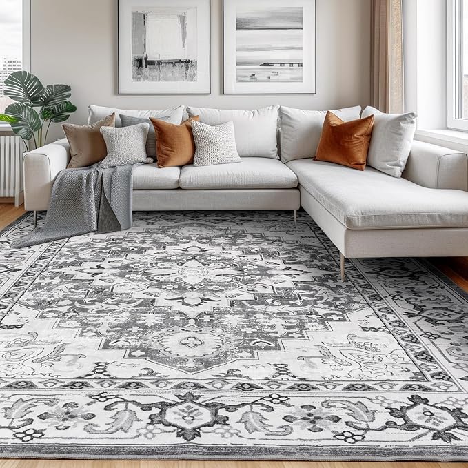 Tapete Lessymo 8x10 pies para Sala Lavable Boho Gris Blanco miniatura 8