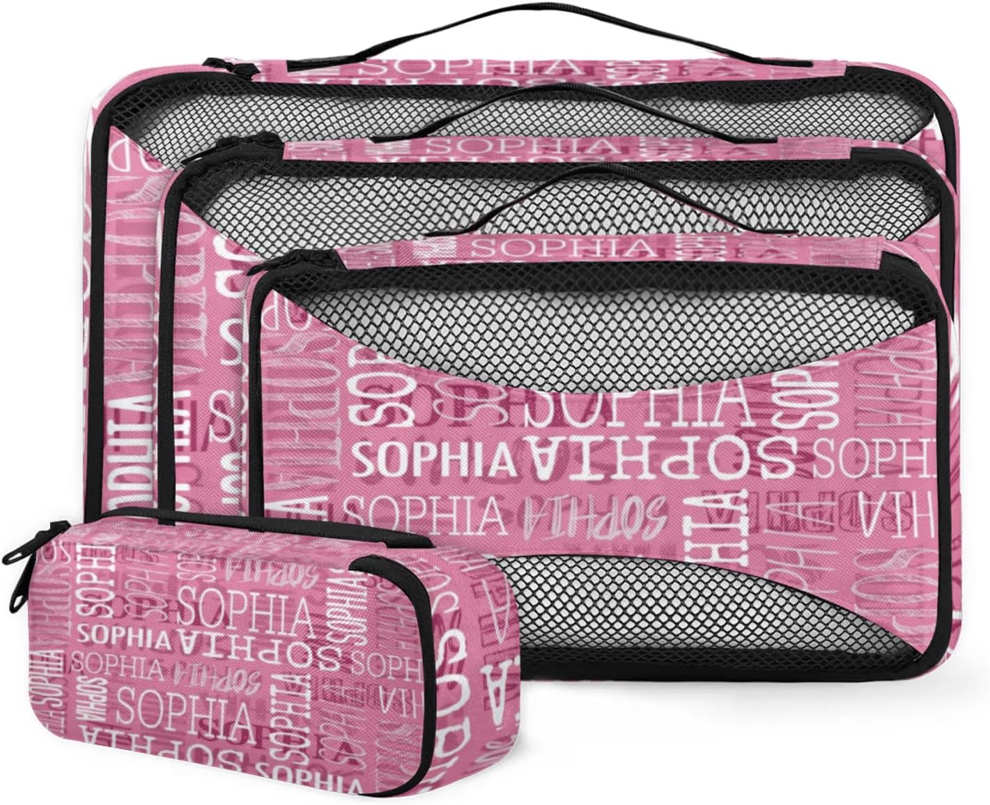 Personalized Packing Cubes Sets of 4, Custom Name Cubes Set for Women Grils, Travel Luggage Packing Organizers for Suitcases, Dark Pink