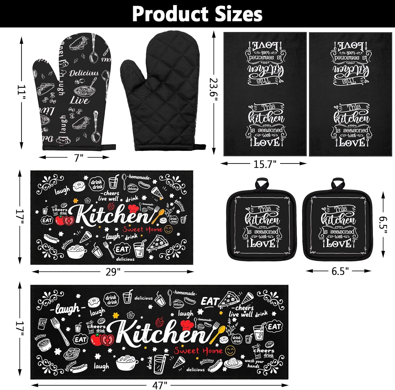 8 Pcs Farmhouse Kitchen Set, Black Rugs, Oven Mitts, Pot Holders & Towels