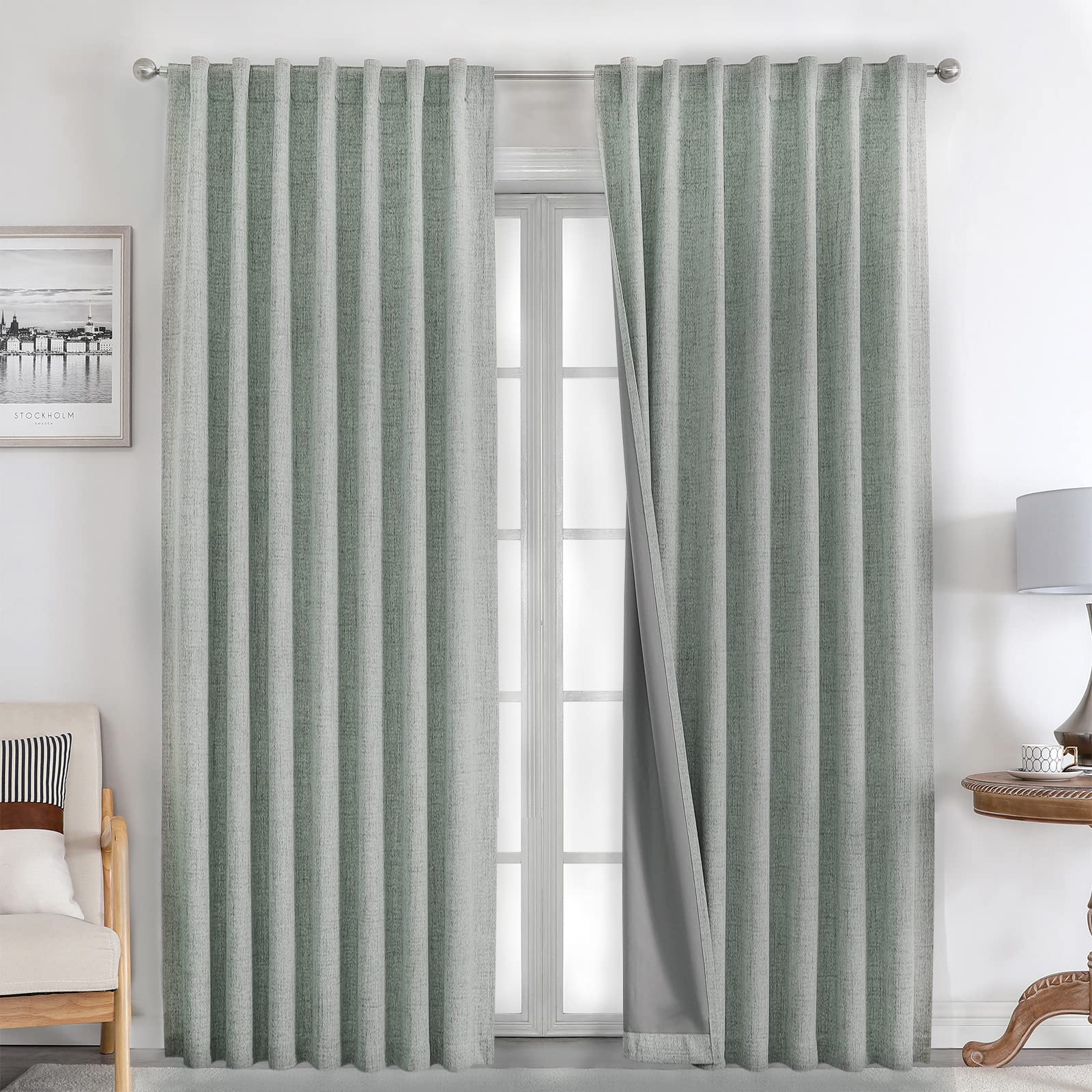 Joydeco Linen Curtains 96 inches Long 100% Blackout Drapes 95 inch Length 2 Panels Set for Bedroom Living Room Black Out Darkening Curtain Thermal Insulated Back tab Rod Pocket(52x96 inch,Sage Green)