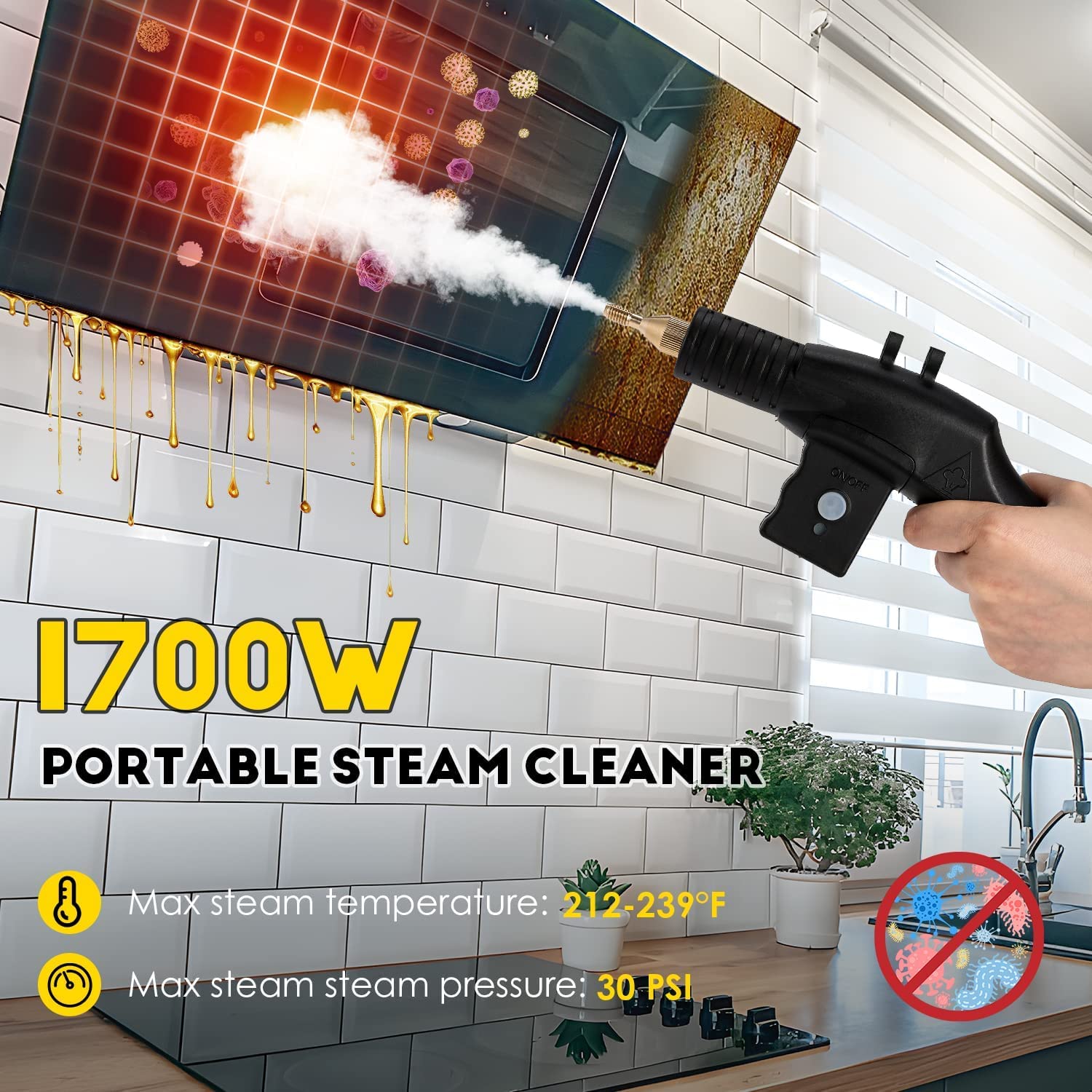 Pulitore A Vapore Portatile Professionale Ad Alta Pressione, Vaporetta Da 1200ml Con Kit Completo, Multifunzione 240V - 2