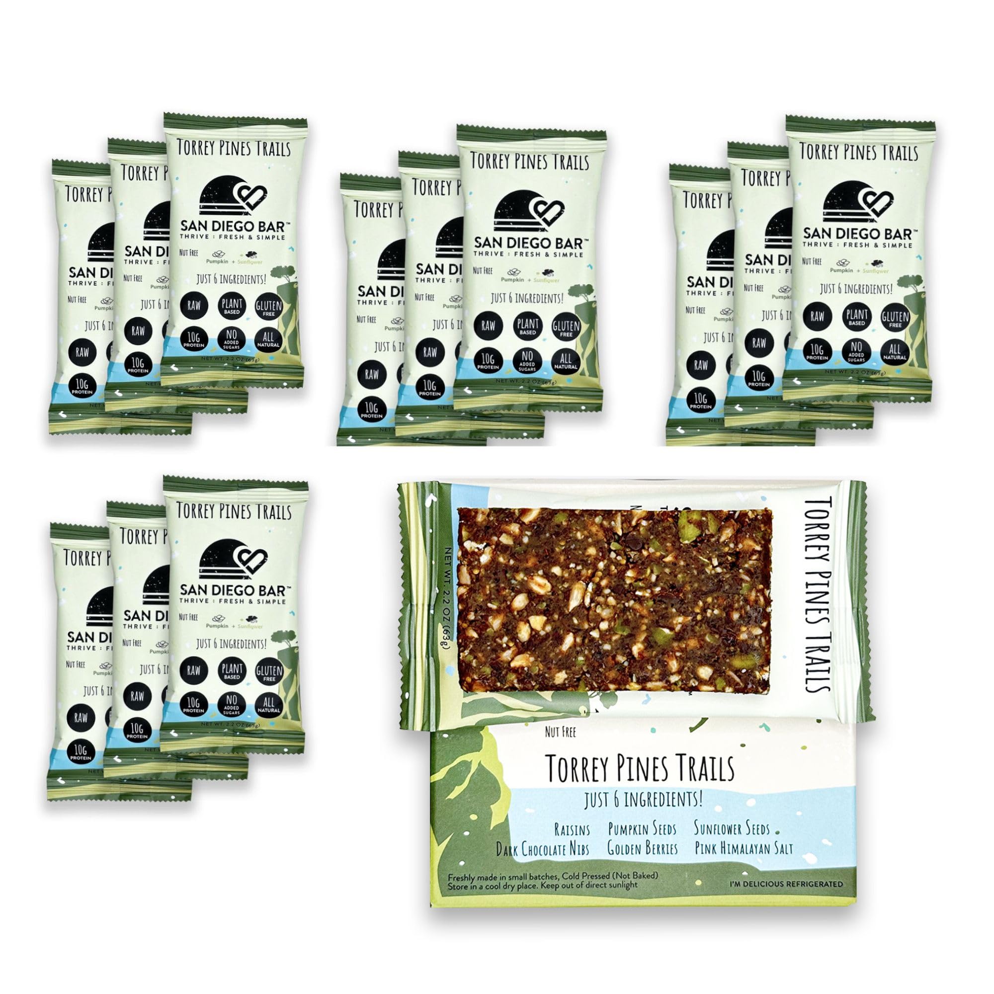 San Diego Bar | Raw, Vegan, Gluten & Soy Free Nutrition Meal Bar with No Added Sugars - 10g Protein from Only 6 All Natural Whole Food Ingredients. Torrey Pines Trails Pumpkin + Sunflower Seeds Nut Free ( 2.22 Oz Energy Bars, 12 Pack)
