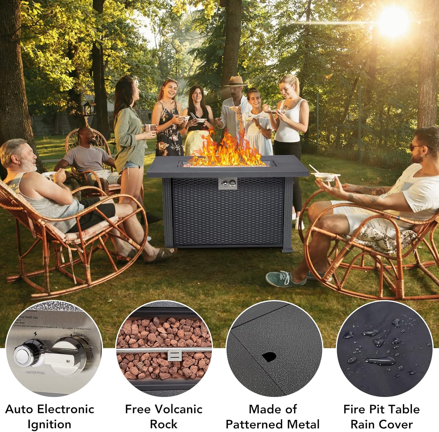 Gas Fire Pit Outdoor Firepit Table - 50000BTU Rectangle Propane Fire Table with Cover & Rain Cover for Outside Garden Backyard Deck Patio