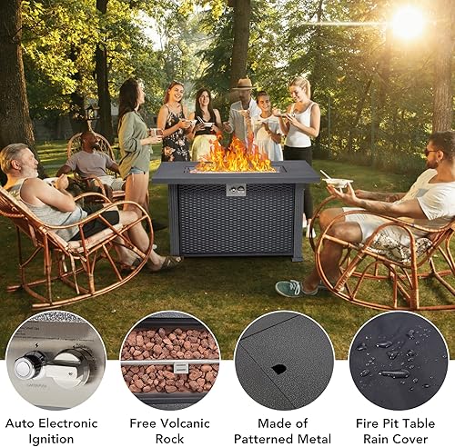 Miniatura 2 de Mesa de fuego de propano de 44 pulgadas, mesa rectangular de 50000BTU con cubierta y cubierta para lluvia, superficie de acero resistente y valla de