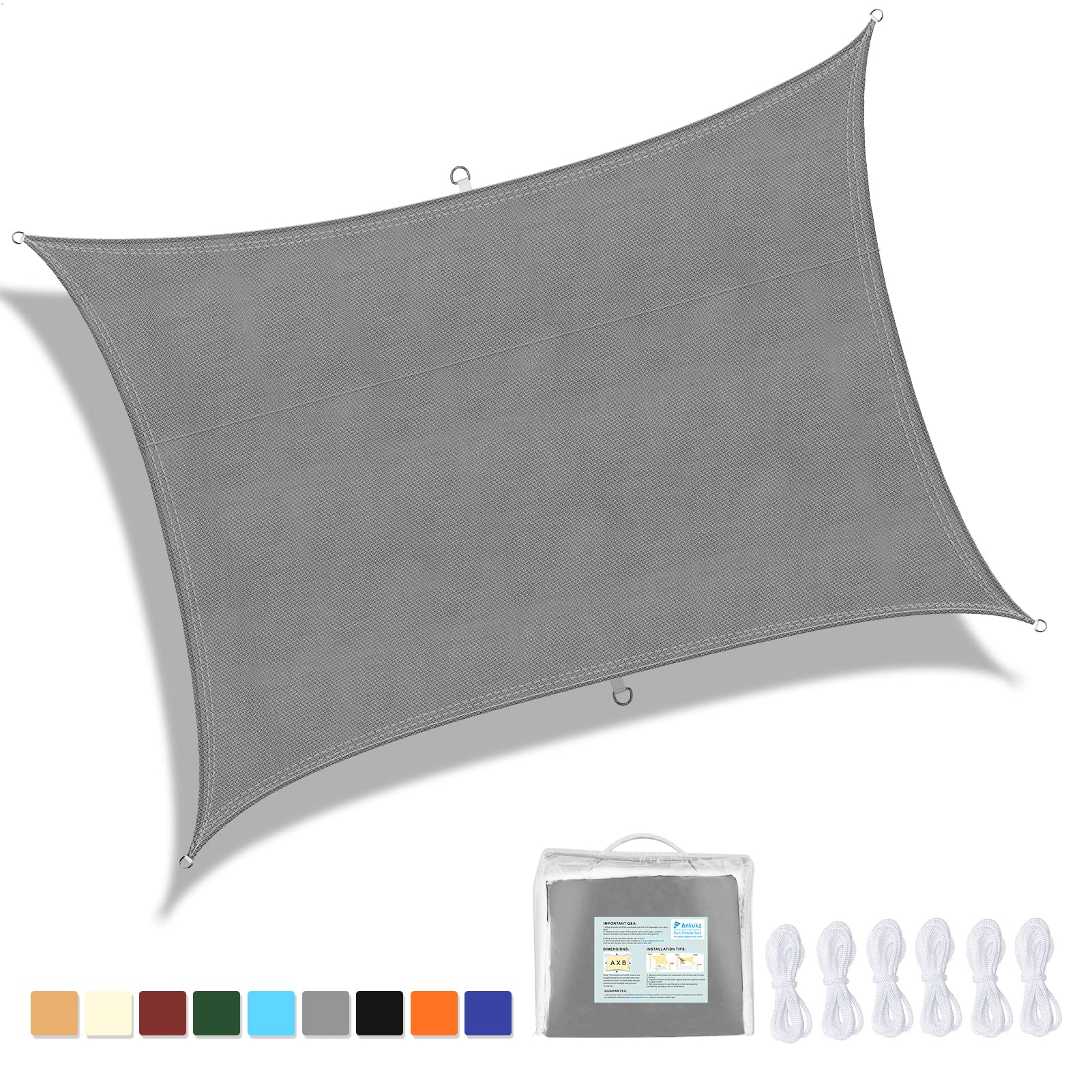 Ankuka Vela Ombreggiante Impermeabile 3x5m Grigio Tenda a Vela Rettangolare con Fune Tenda da Sole per Esterno Protezione Raggi UV 98% Adatto per Giardino Terrazzo e Campeggio