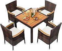 Shintenchi 5-Piece Wicker Patio Dining Set with Cushions & Wood Table Top - Brown Rattan Outdoor Furniture for Backyard Deck Garden