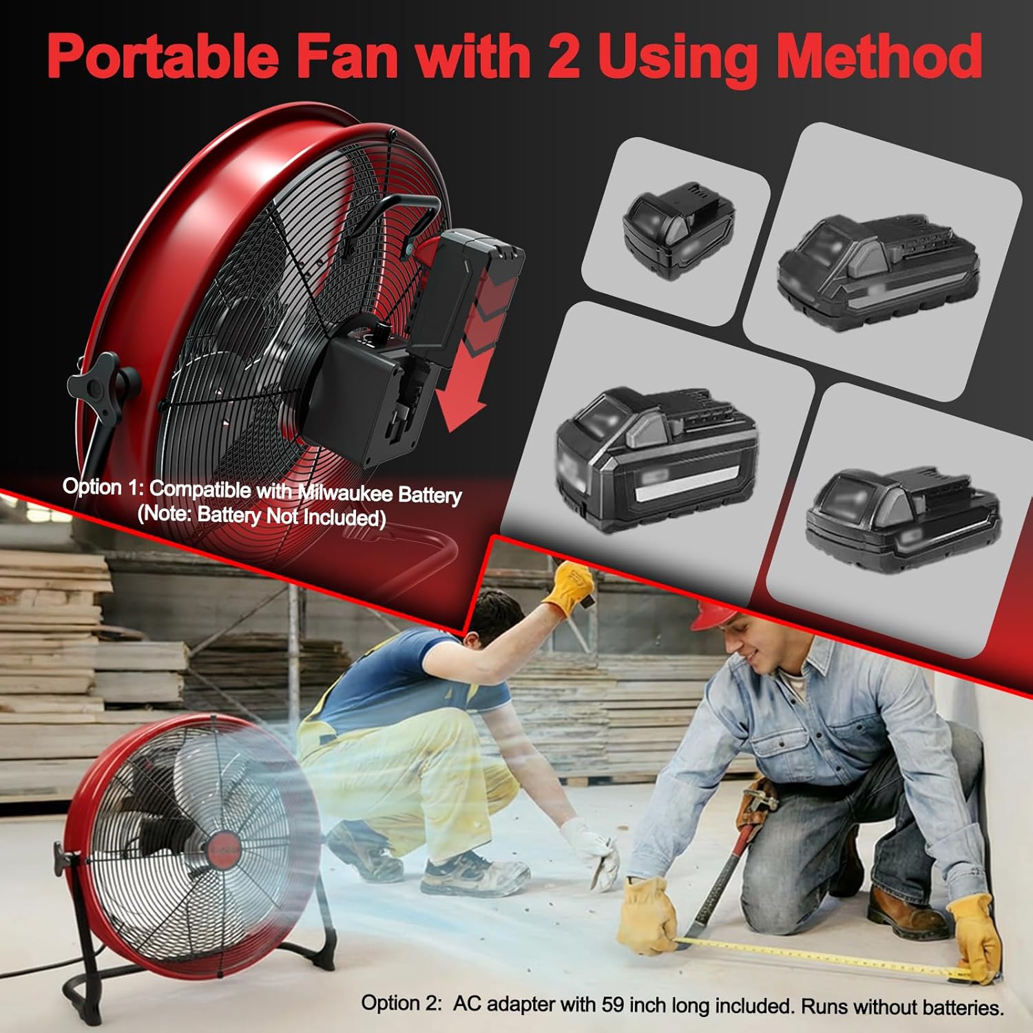 T-SUN 16" Battery Power Floor Fan Compatible with Milwaukee Battery, Portable Fan with AC Adapter and USB Output, Stepless Speed Cordless Fan, Metal High Velocity for Jobsite Outdoor Camping