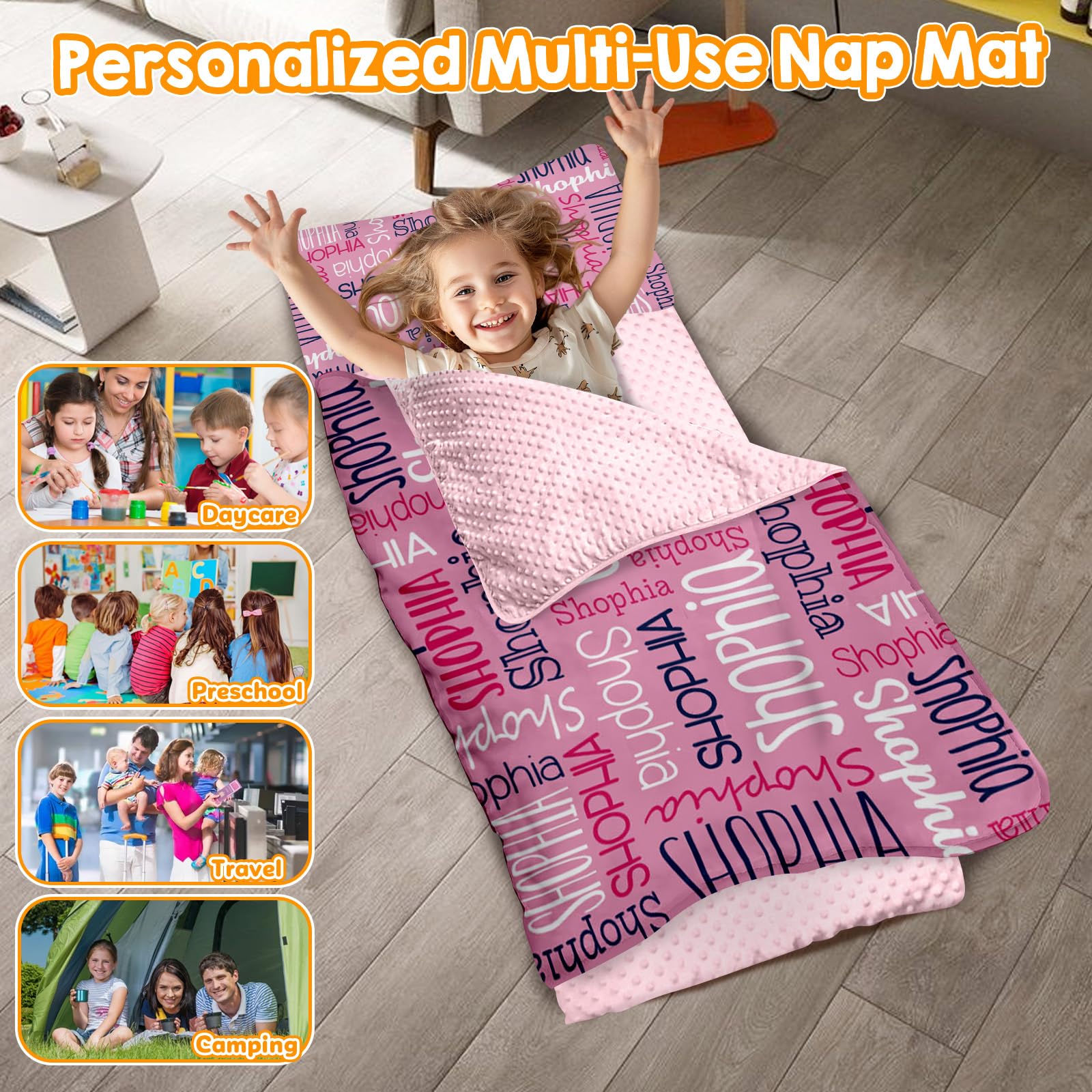 Custom Toddler Nap Mat for Preschool, Personalized Monogram Name Sleep Mats for Kids Daycare, Roll Up Sleeping Bag with Removable Pillow & Dotted Back Blanket for 2-15 Years Boys Girls Color07