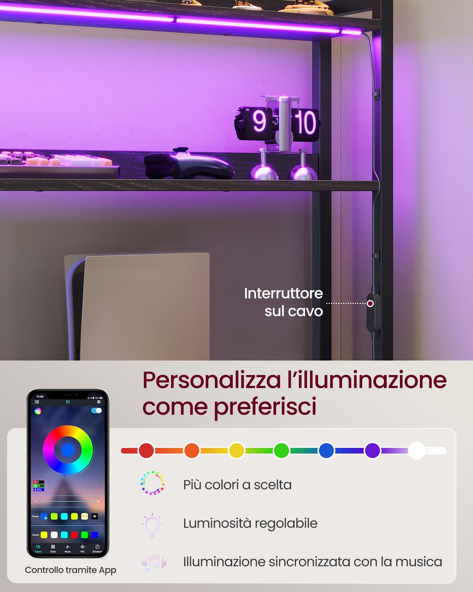 VASAGLE Scrivania Angolare, Scrivania da Gaming con Prese e Porte USB, Luci LED, 3 Cassetti, Supporto per Monitor, 160 x 100 x 150 cm, Nero Ebano, Collezione BARNET LWD163B101
