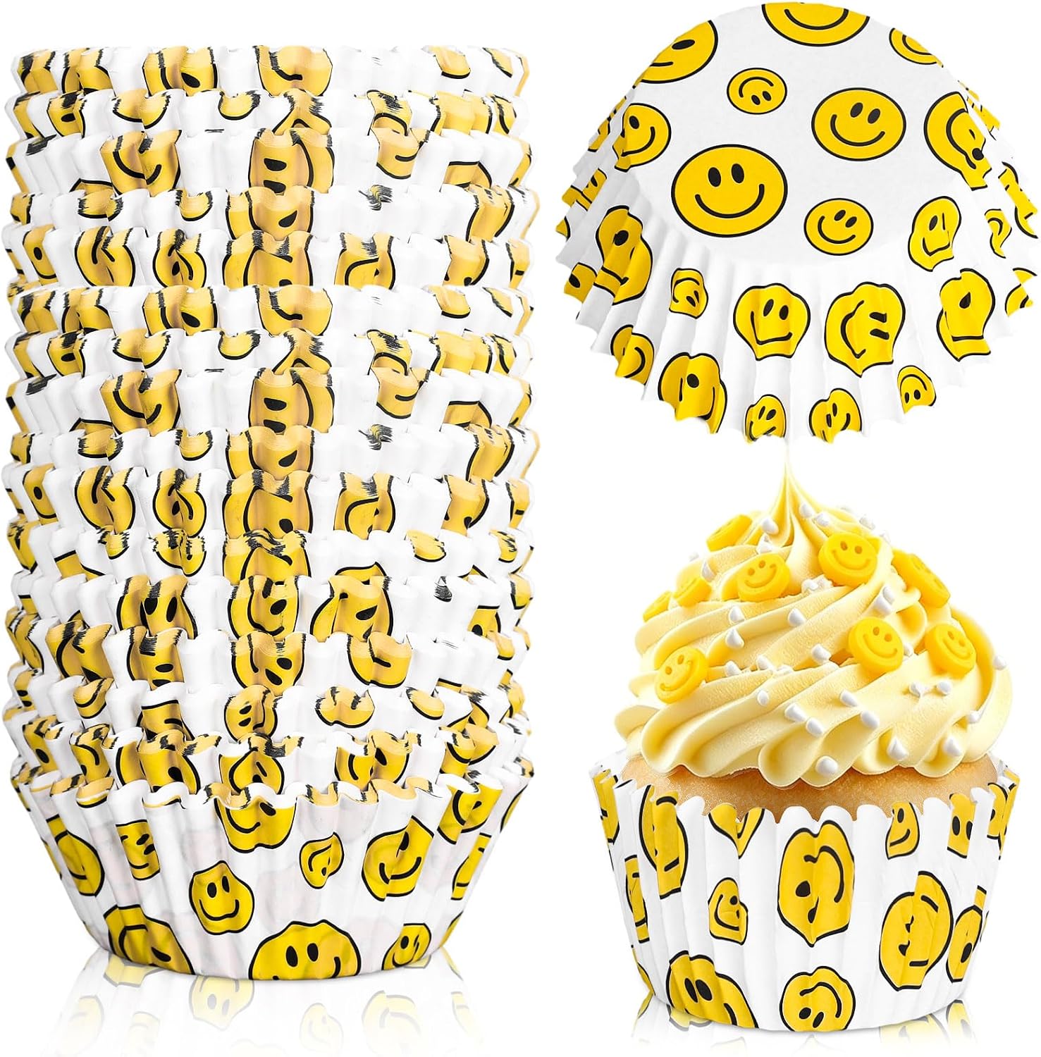 Whaline 300Pcs Smile Face Cupcake Liners One Happy Dude Cupcake Wrappers Decorative Paper Baking Cups Baking Liners for Baby Shower Wedding Birthday Party Supplies