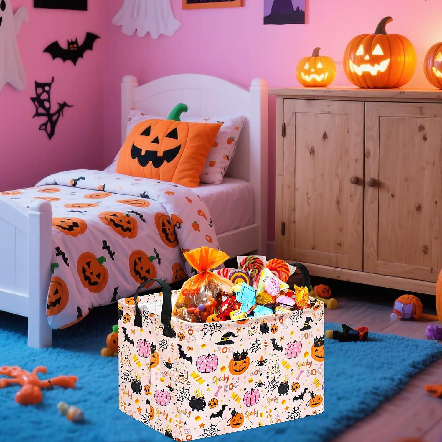 Happy Halloween Ghost Storage Basket Gift Laundry Bins Collapsible Storage Baskets Box Laundry Nursery Hamper for Home Decor and Office Decoration with Handles(Pink Pumpkin) image 5