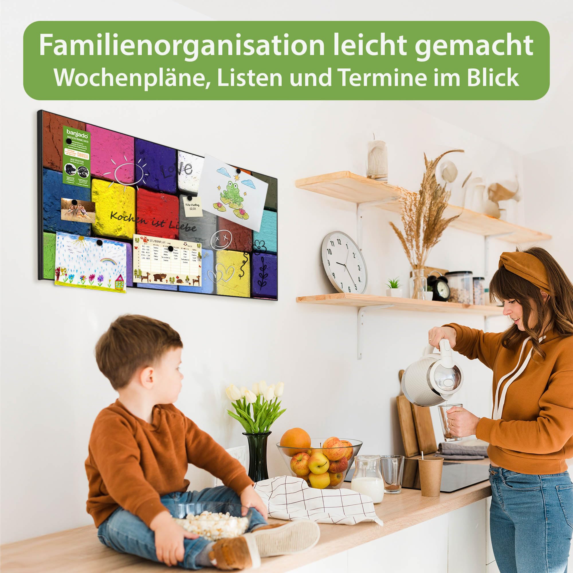 banjado Magnettafel Metall 78 x 37cm - beschreibbare Magnettafel - Metall Pinnwand als Memoboard - Magnetwand Küche, Büro, Kinderzimmer Schwarz inkl. 4 Magnete & Montageset - Motiv Bunte Kreide