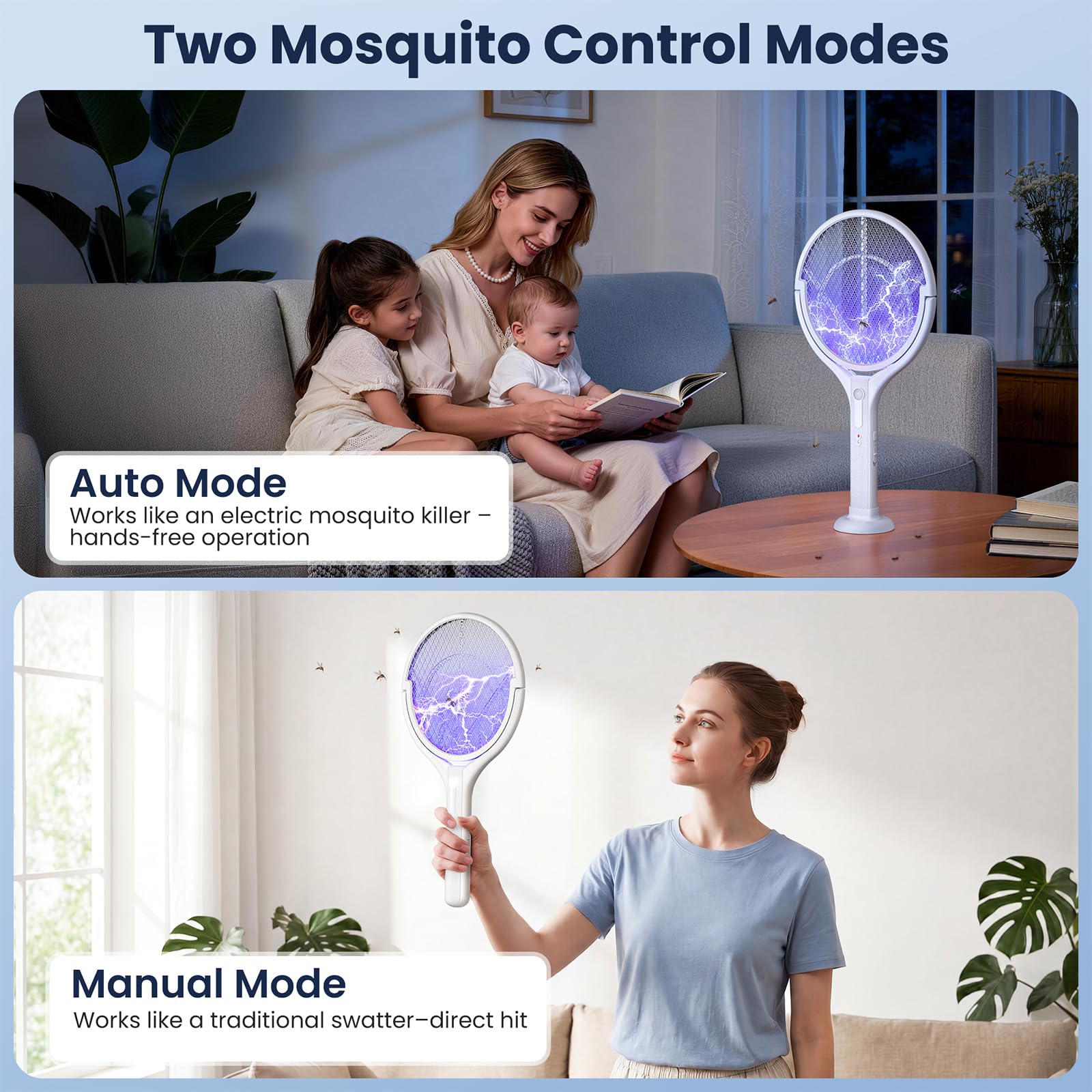 Racchetta Zanzare Elettrica con Asta Telescopica & Testa Rotante, 4000V 1800mAh Racchetta Antizanzare Ricaricabile, Tripla Rete di Protezione, 2 in 1 LED Lampada Zanzare per Interni Esterni