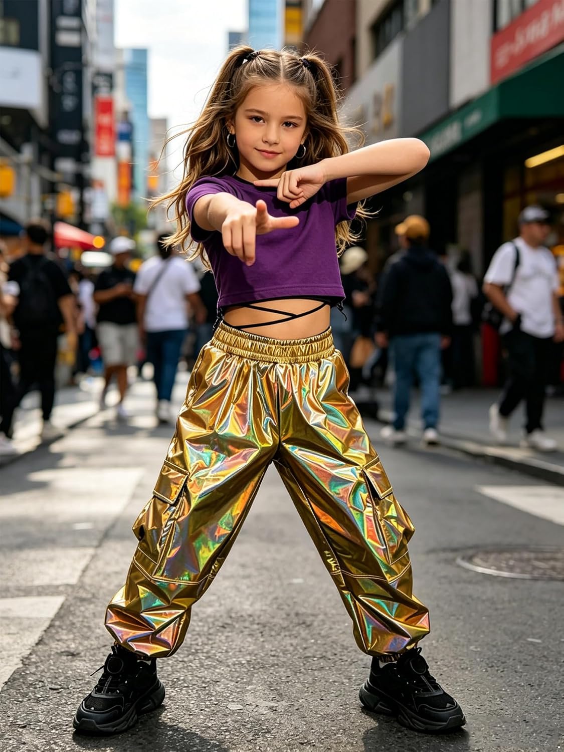 Agoky Kids Boys Girls Metallic Hip‑Hop Pants with Cargo Pockets