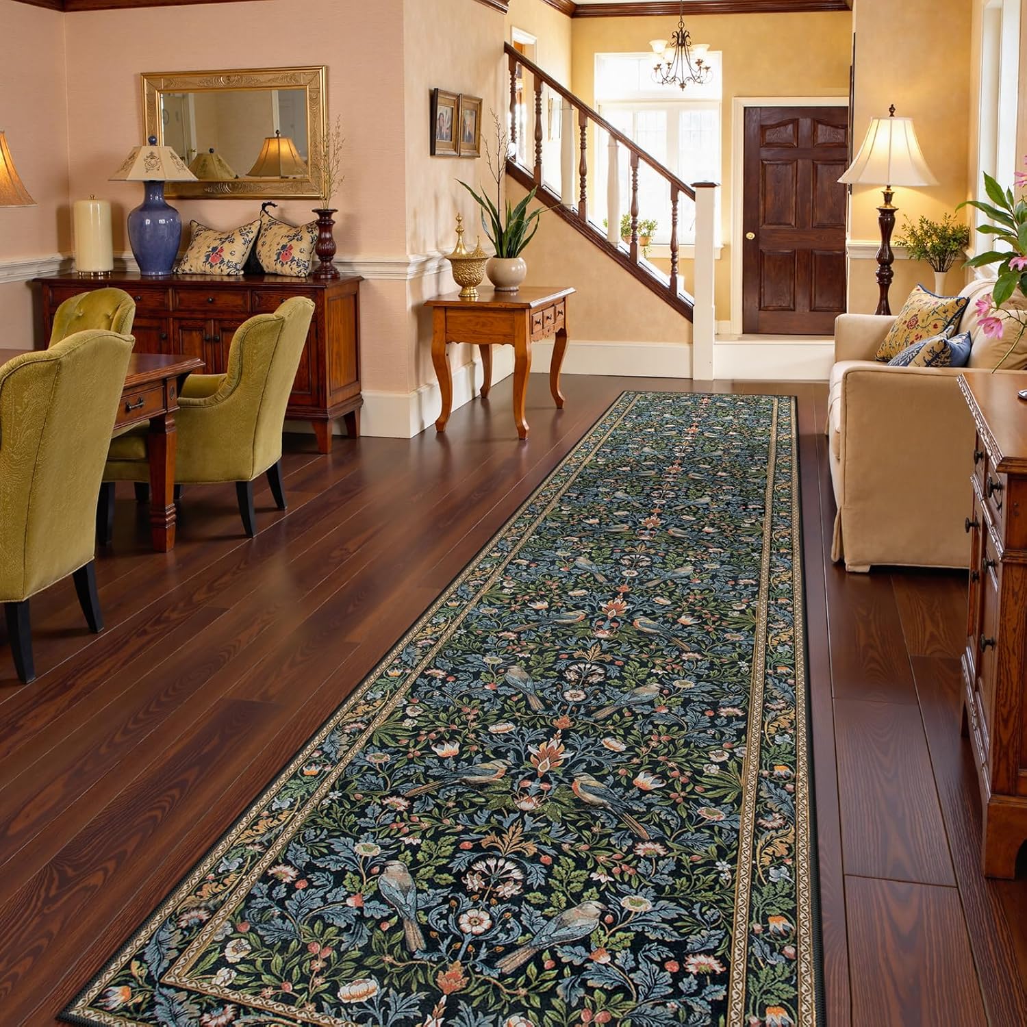 Morebes Washable Hallway Runner Rug 12ft, Boho Soft Non Slip Carpet Runners for Hallway 12ft, Vintage Floral Bird Long Carpet for Kitchen Entryway Laundry Room, Navy Blue