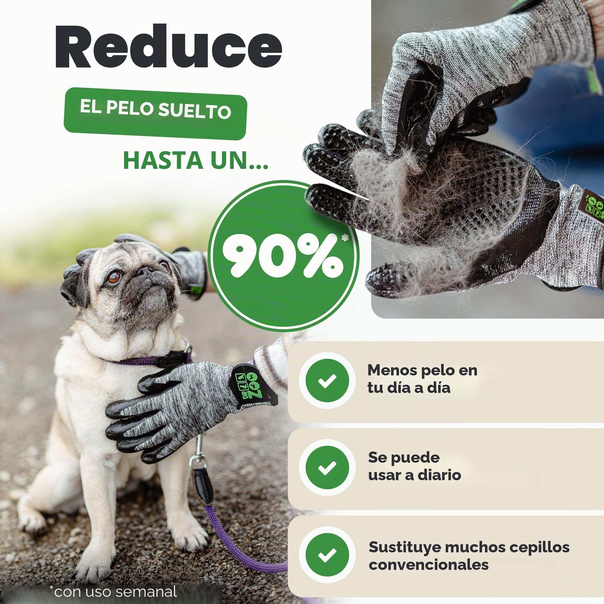 Guantes profesionales de aseo Dr. Zoo para cualquier mascota con pelo corto, mediano y largo; se pueden utilizar como cepillo de perro/gato/caballo o peine de curry; guante de aseo para eliminar el