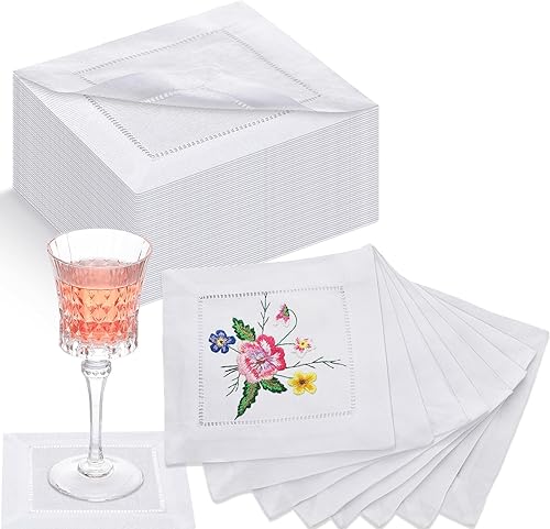 Roshtia 40 servilletas de cóctel de lino blanco para bordado, 6 x 6 pulgadas, blanco en blanco, servilletas de cóctel con punto vainica, boda,