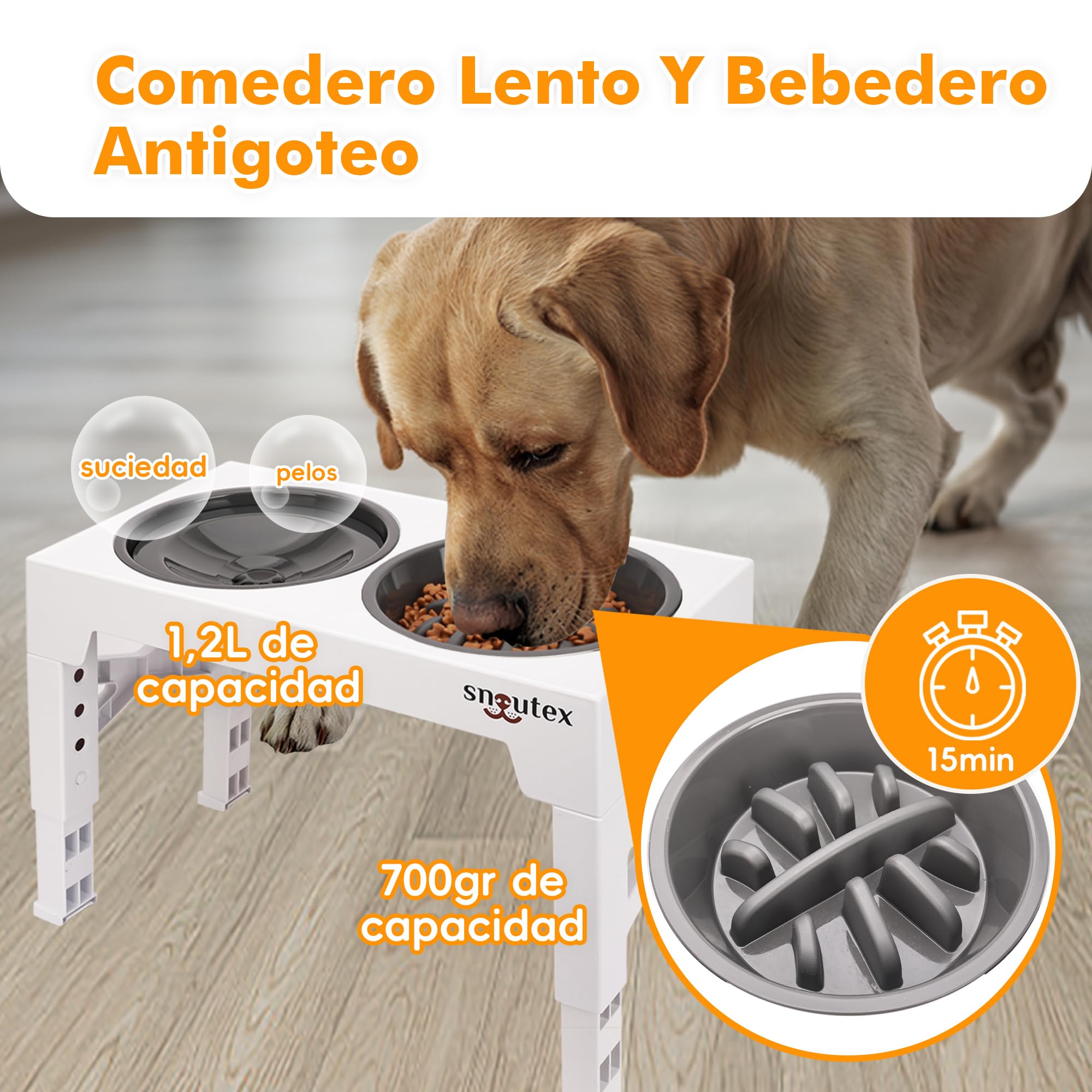 Comedero Perro Elevado Acero Inoxidable - Comedero Perro Elevado 5 Alturas Ajustables | Bebedero Antigoteo para Perros con Alfombra Antideslizante. Comederos Perros (Blanco Antivoracidad)
