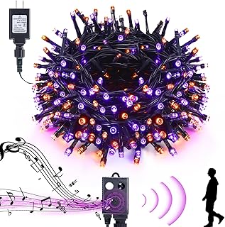 Halloween Lights Outdoor Halloween Decorations: 114FT 300 LED Waterproof String Lights with 6 Modes Sync Spooky Motion Sensor for Halloween Indoor Party Tree Haunted House Decorations (Purple &Orange)
