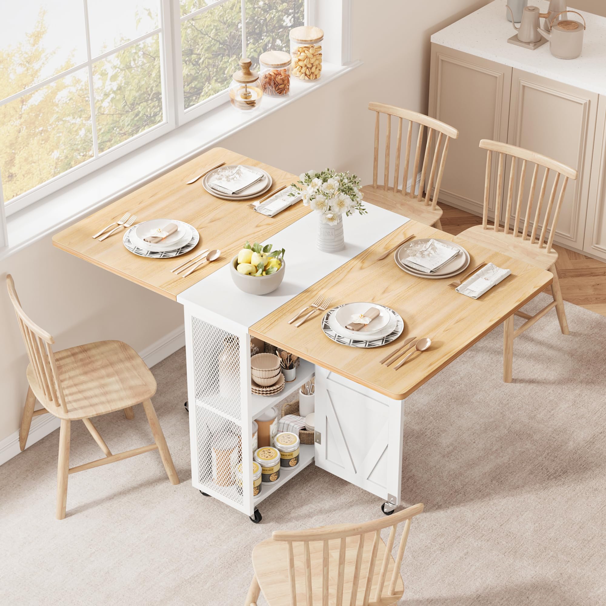 Jocoevol Esstisch Klappbar Küchentisch für 2-4 Personen, Klapptisch mit Trennwand und zweilagigem offenem Regal, Ausziehbar mit Rollen für Küche & Esszimmer, 120x60x76 cm, Ahorn + Weiß