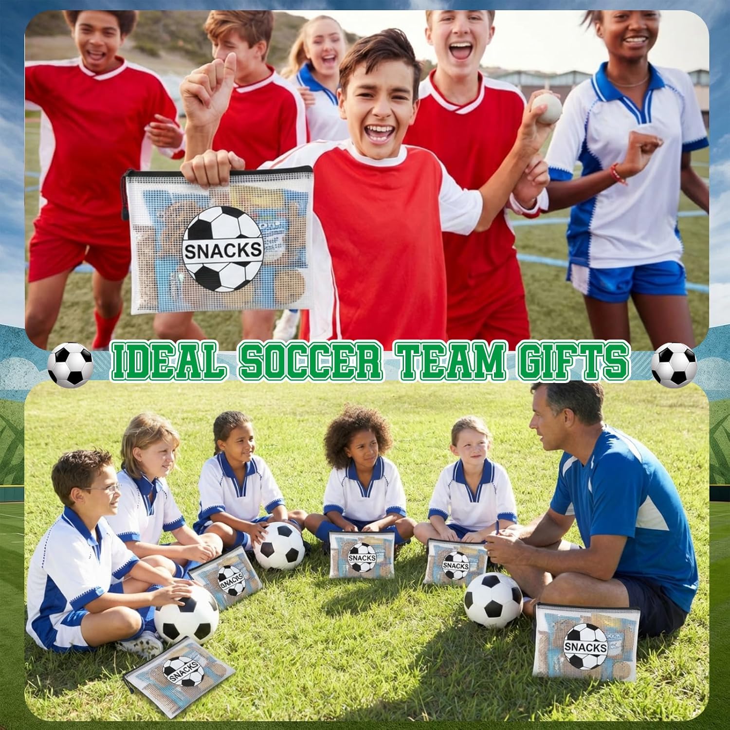 Motiskyy 24 Pcs Sports Ball Snack Bags Bulk 9.5" x 6.9" Sports Goodie Party Favor Bags Stuffers Team Gifts Candy Treat Mesh Pouches with Zipper for Team Ground Birthday Gift Party Supplies(Soccer)