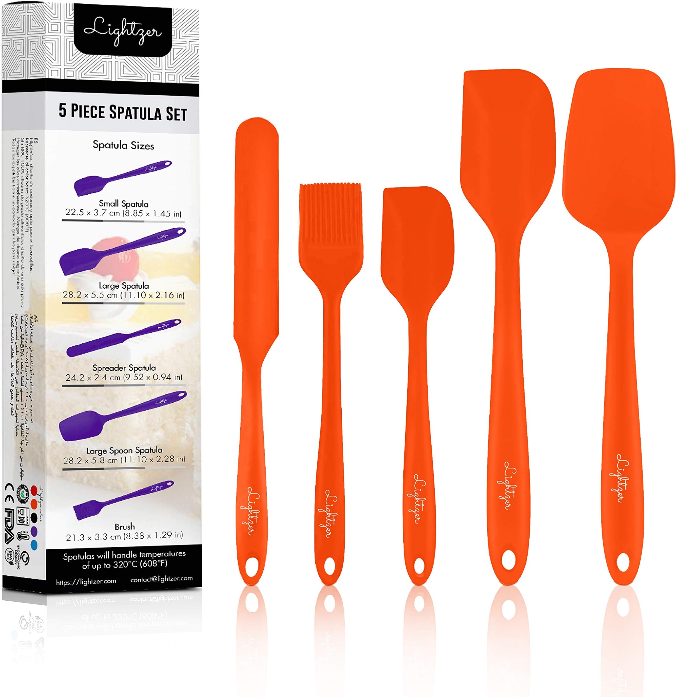 LIGHTZER Silicone Spatula Set Heat Resistant Holder bpa Free, Not Fade and No Taste Cooking Utensils, Dishwasher Safe spatchula Baking, 5 Heat Resistant Rubber Orange