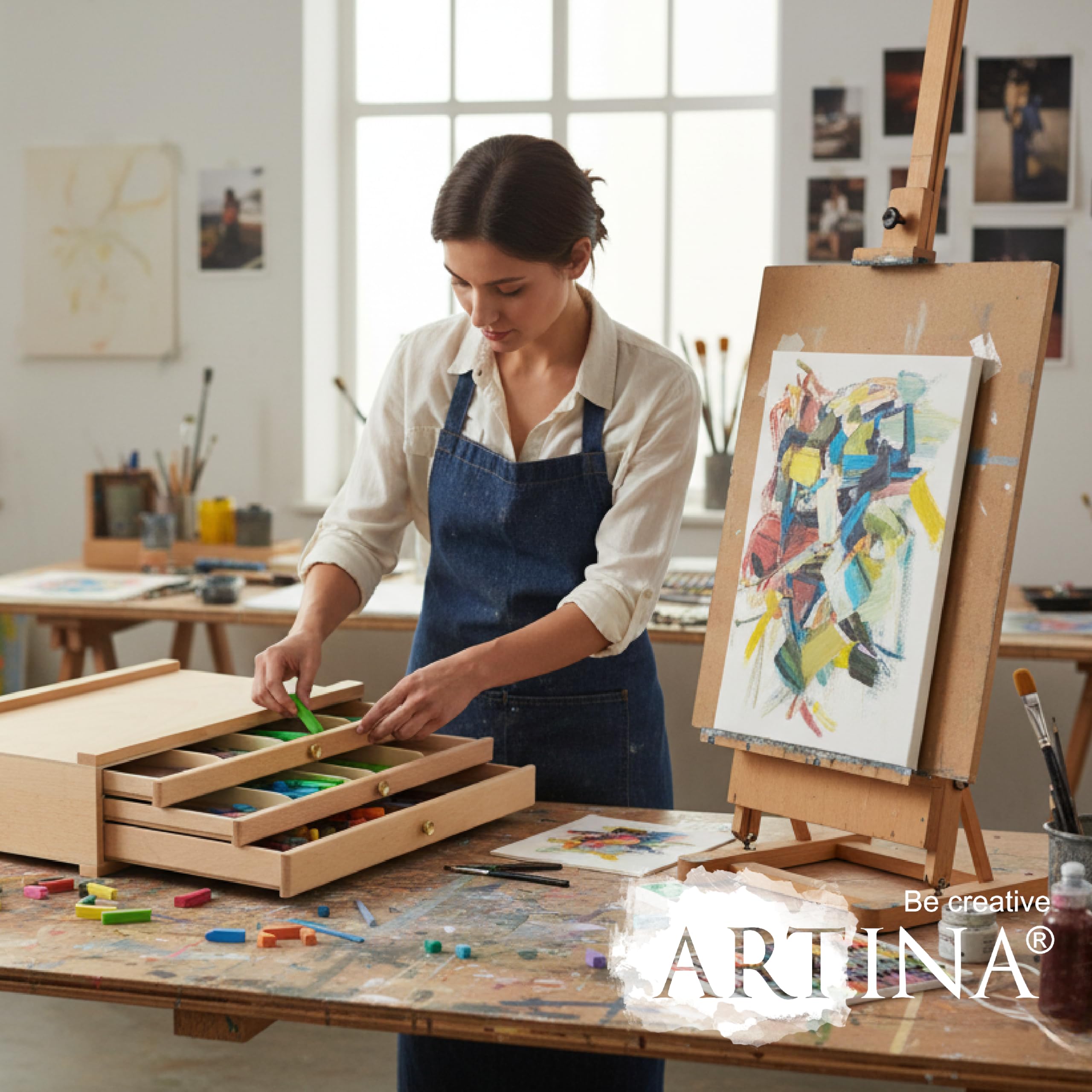 Artina - Boite de Rangement Troyes en Bois pour Materiel de Peinture - 3 tiroirs
