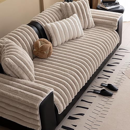 Miniatura 5 de Funda de sofá de piel sintética de conejo, lavable, funda para sofá seccional lanudo y mullido, a rayas, antideslizante, de felpa suave, protector