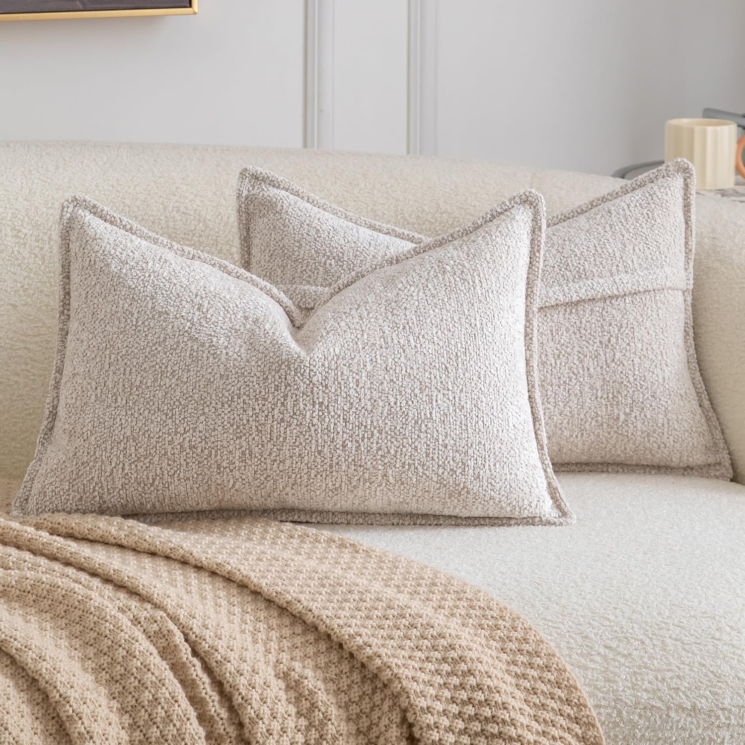 Madizz Pack of 2 Decorative Cushion Covers Boho Soft Textured Chenille Throw Pillows Solid Pillow Covers for Couch Sofa Bedroom Living Room 30x50 CM, Beige