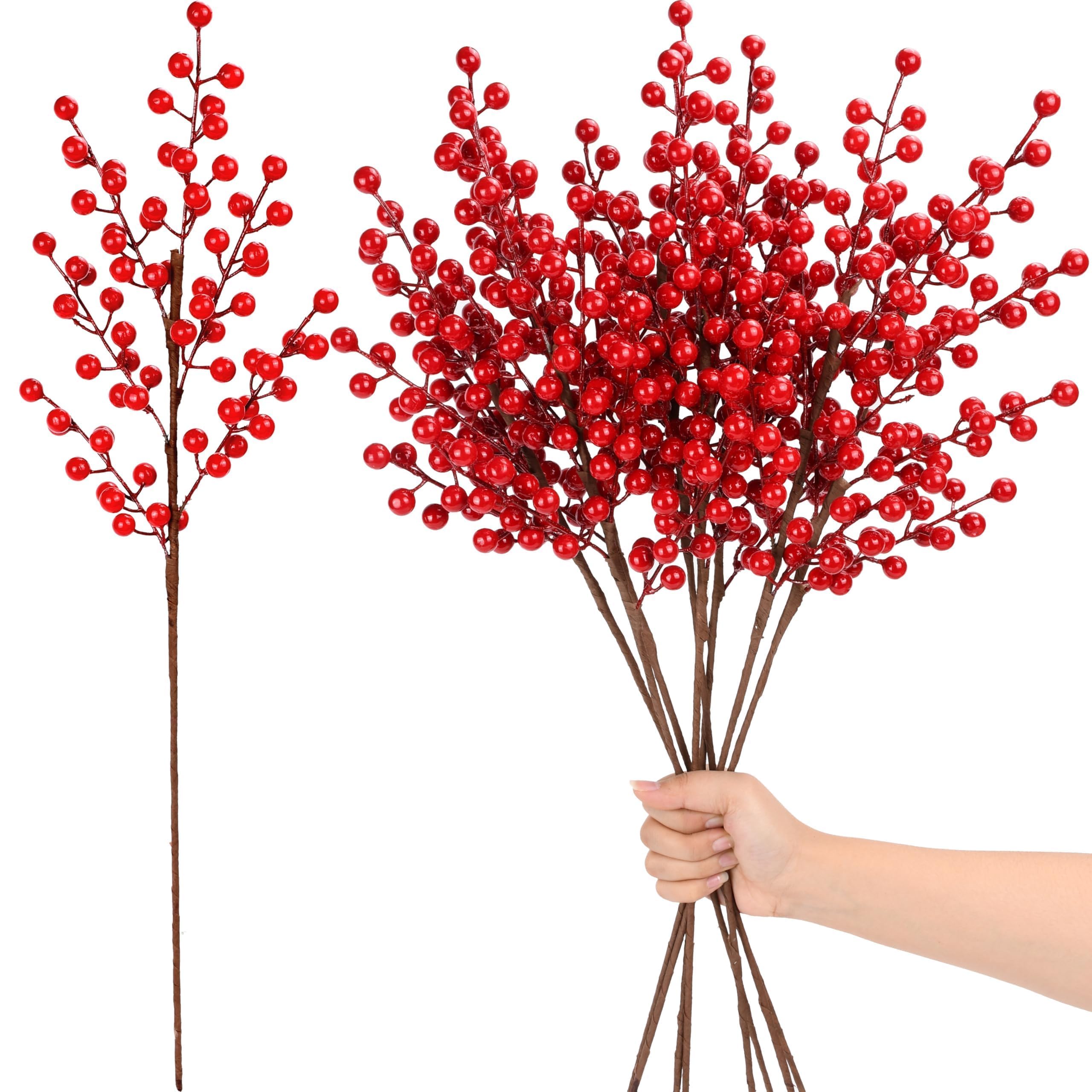 Palonu Künstliche rote Beerenstiele für Weihnachten, rote Beeren, Stechpalmenbeerenzweige für Blumenarrangements, Weihnachtsbaum, Urlaub, Zuhause, Basteln, Dekoration, 63,5 cm