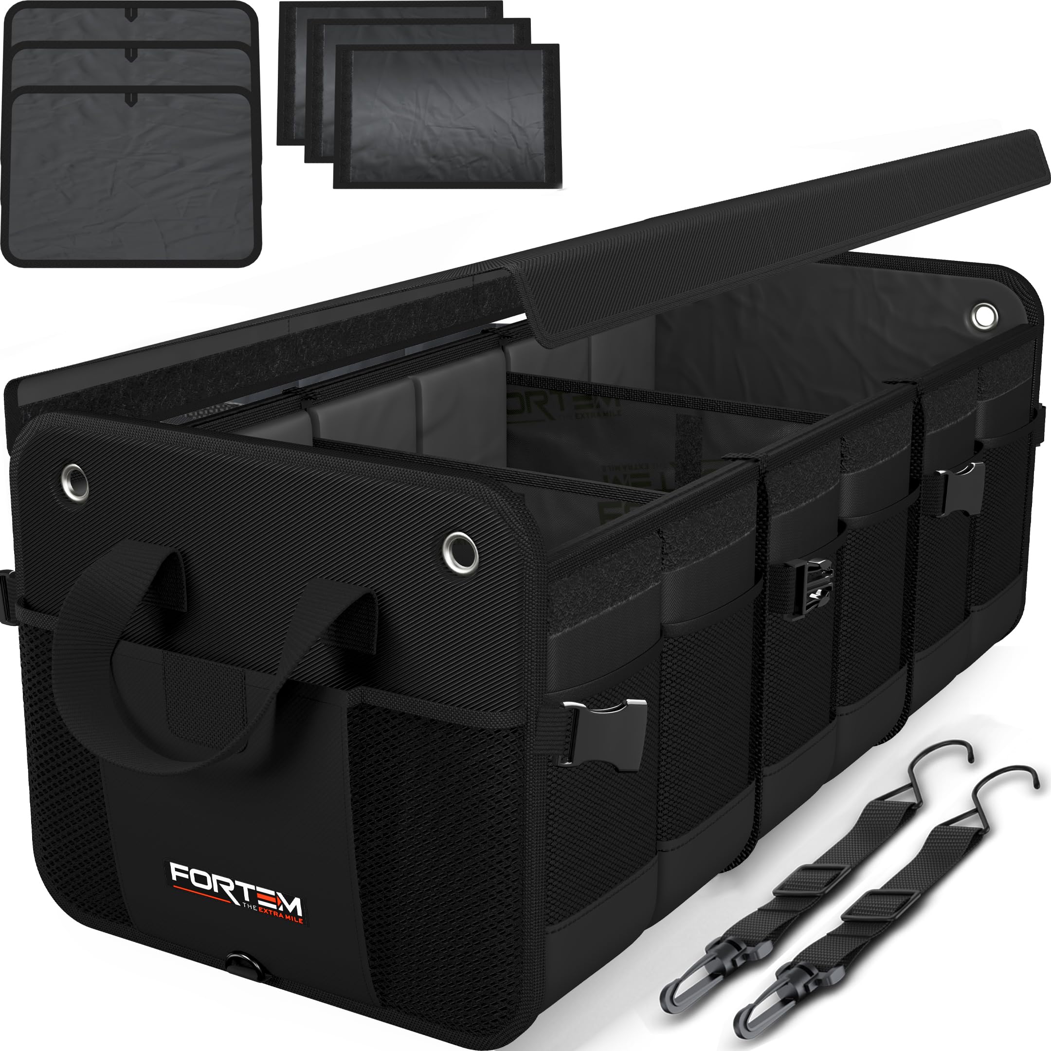 FORTEM Car Boot Organiser, SUV Boot Tidy, Trunk Storage, Collapsible Multi Compartment Car Organiser, Non Slip Bottom, Adjustable Securing Straps, Foldable Cover (90L)