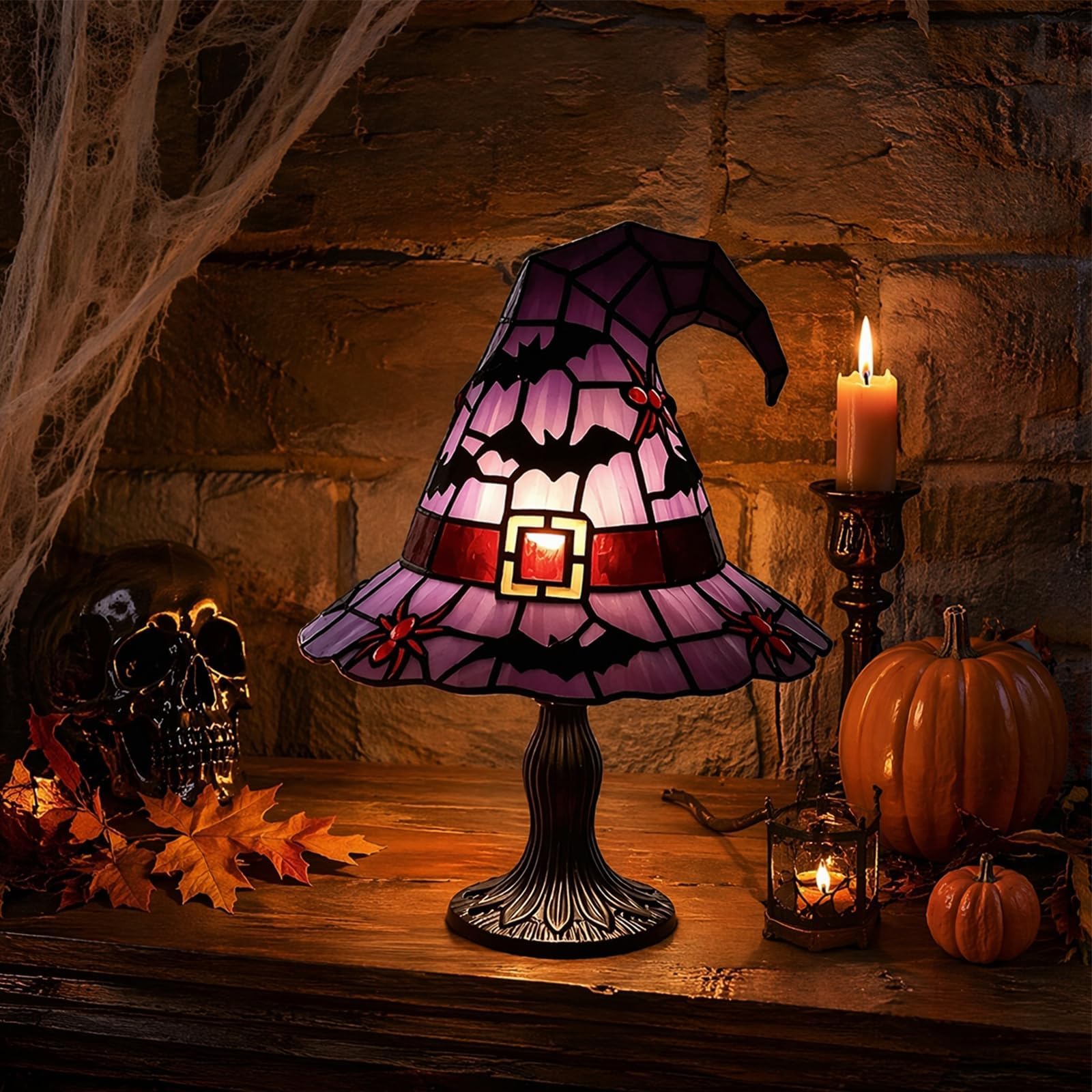 Stained Glass Witch Hat Table Lamp Gothic Halloween Retro Night Light，Purple