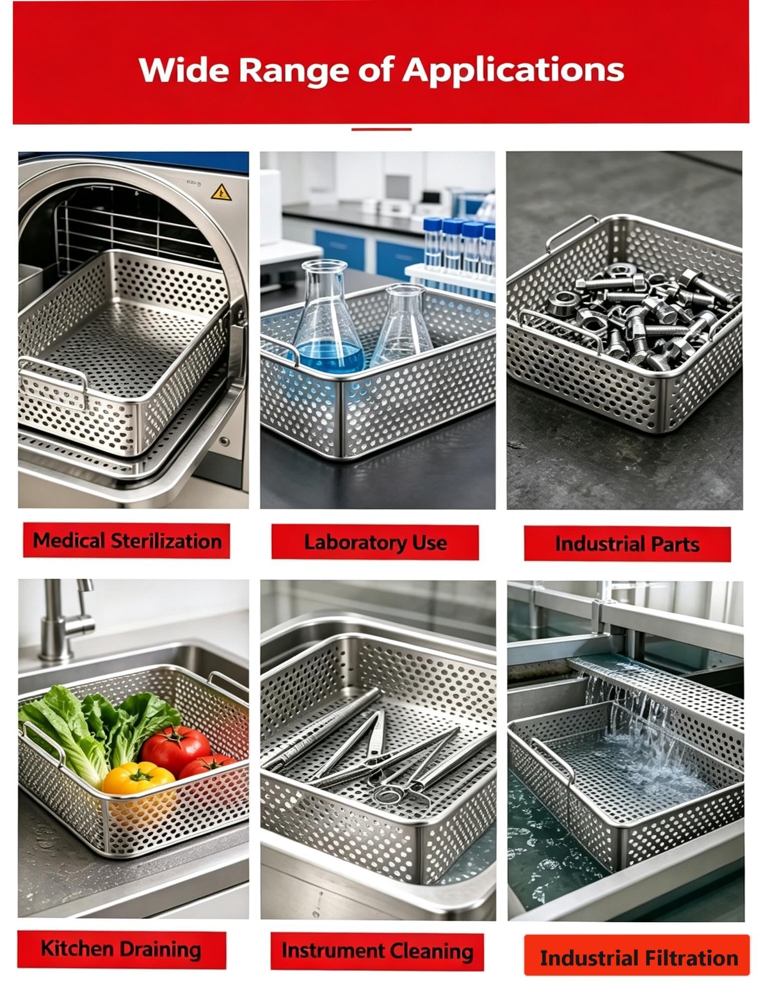 Cestello in acciaio inox 304 perforato, rete 3 mm, per lavaggio e drenaggio