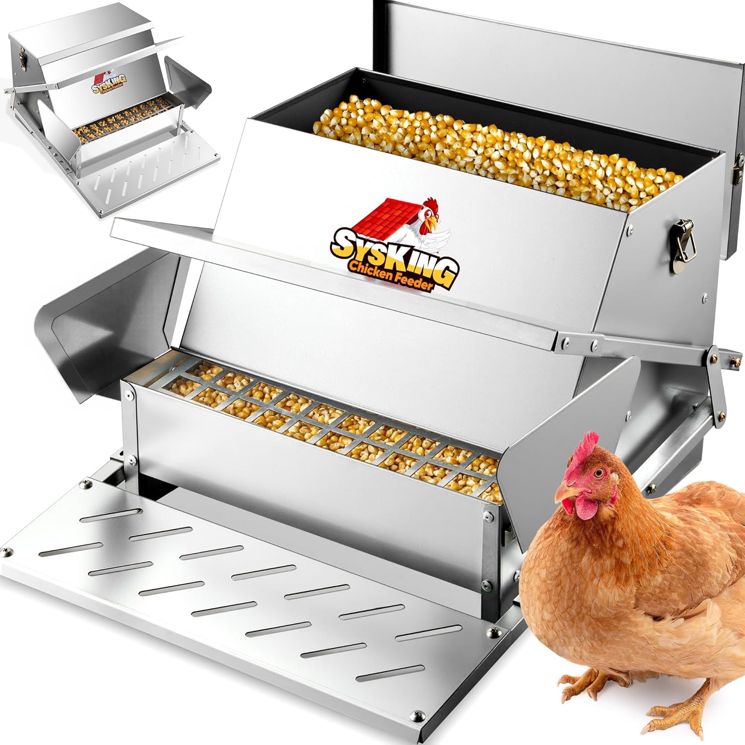Heavy Duty Automatic Chicken Feeder - Metal Chicken Feeders Treadle Operated, Spill Proof Poultry Feeder with Rat Proof Design & Weatherproof Lid | Sturdy Galvanized Steel (25 lb Capacity)