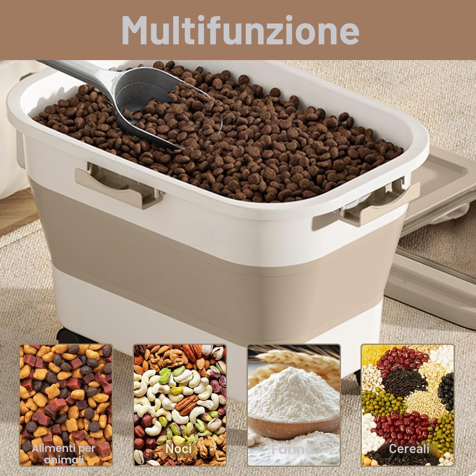 Contenitore per Cibo per Animali Domestici Pieghevole da 7-10kg, Contenitore per Cibo per Cani e Gatti, Set Completo con Paletta, rotelle, Misurino, Ermetico e Portatile per Crocchette e Snack