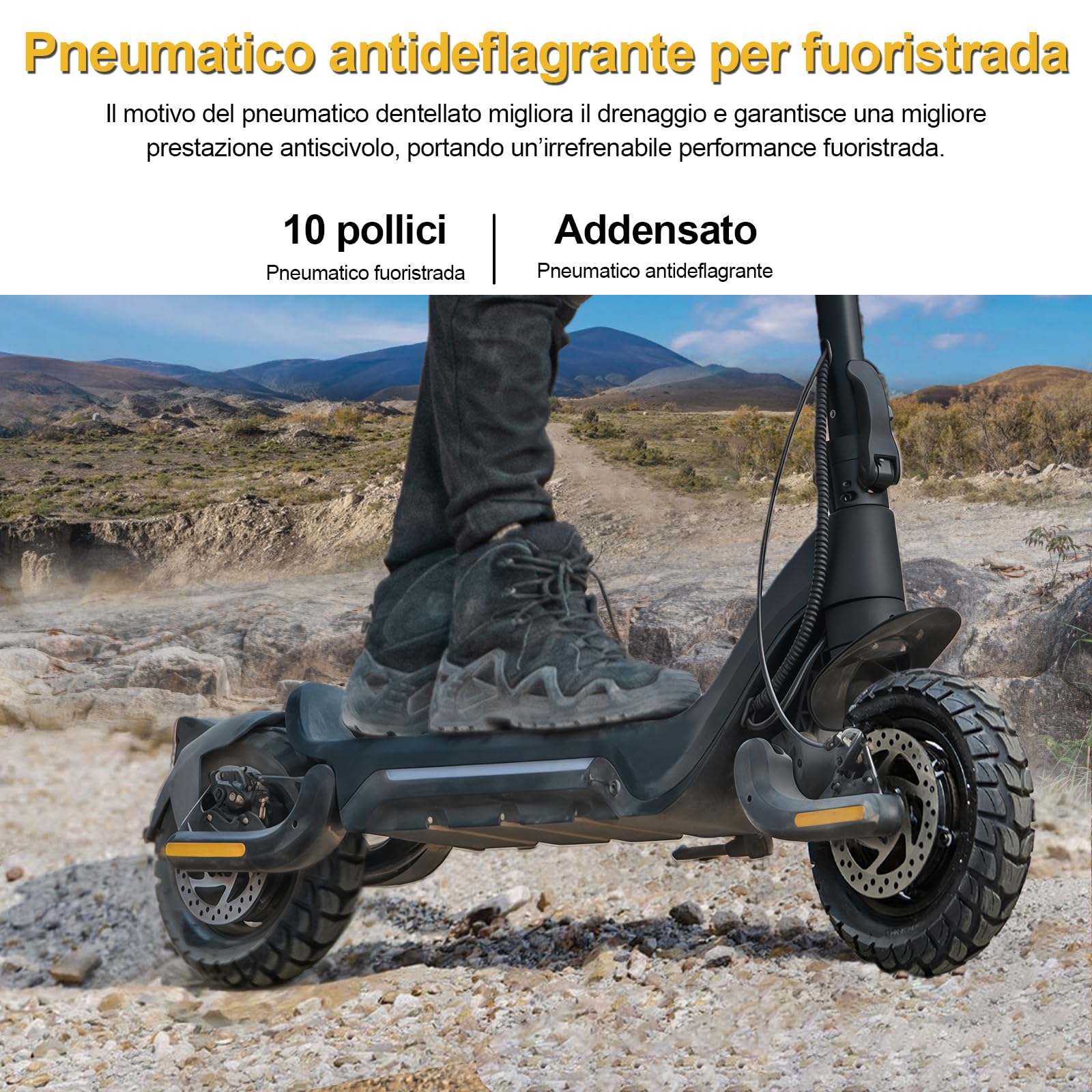 Monopattino Elettrico Adulto 10" Off-Road Autonomia 55-90KM APP Frecce | Motore 500W, batteria 13AH/18.2AH, carico 150 kg, doppio ammortizzatore, freni a disco anteriori posteriori, pneumatici 10"