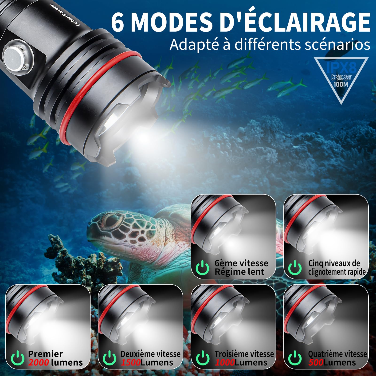 14S Lampe de Plongée 2000 Lumens - 6 Modes, Super Lumineuse, Rechargeable USB-C, Étanche IP68 (100m) pour Plongée Sous-Marine, de Nuit et Snorkeling