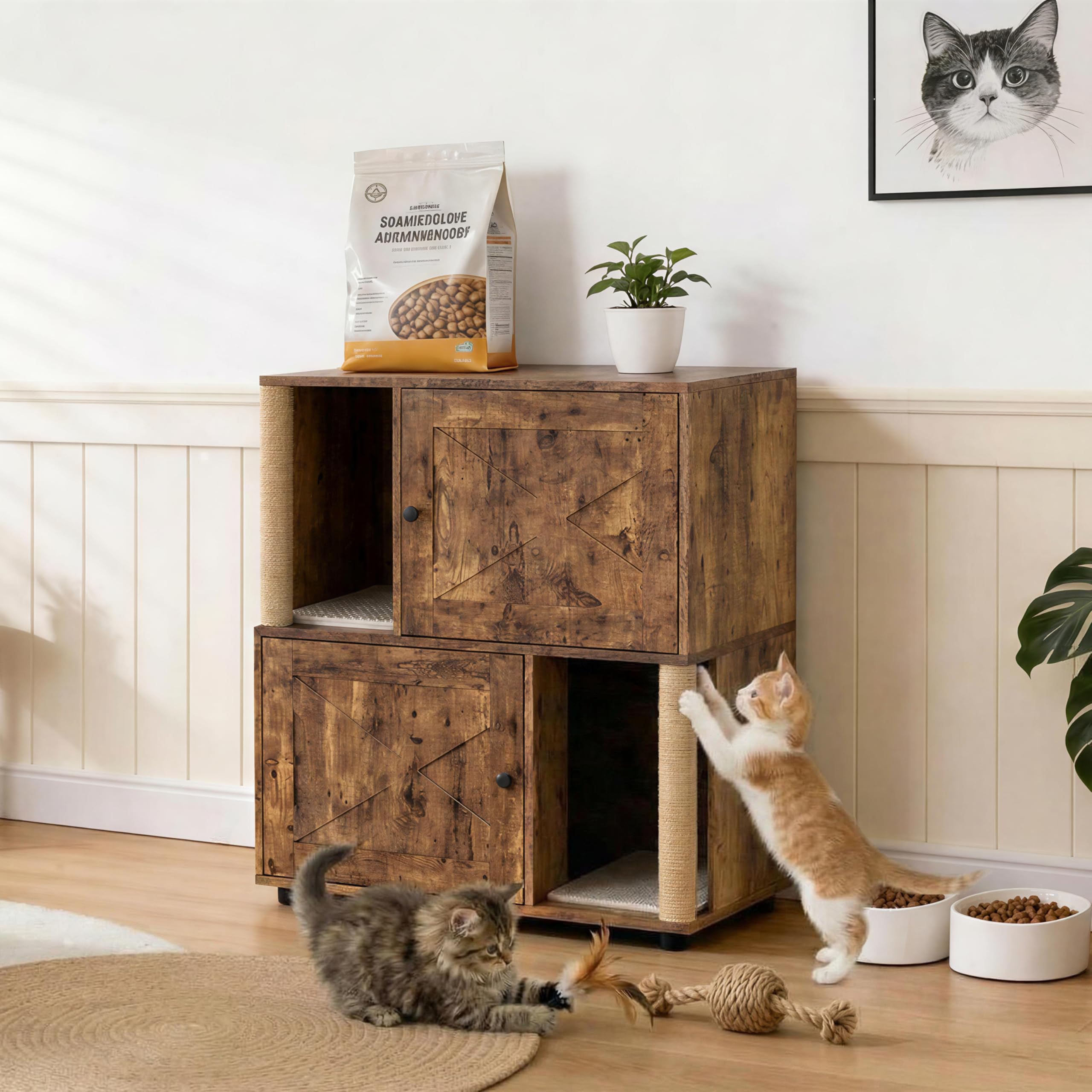 Lidzopas Cat Litter Box Enclosure for 2 Cats, 2 Tier Cat Washroom Wooden Cat House Side End Table with Scratching Posts, for Living Room Bedroom, 80x50x88cm