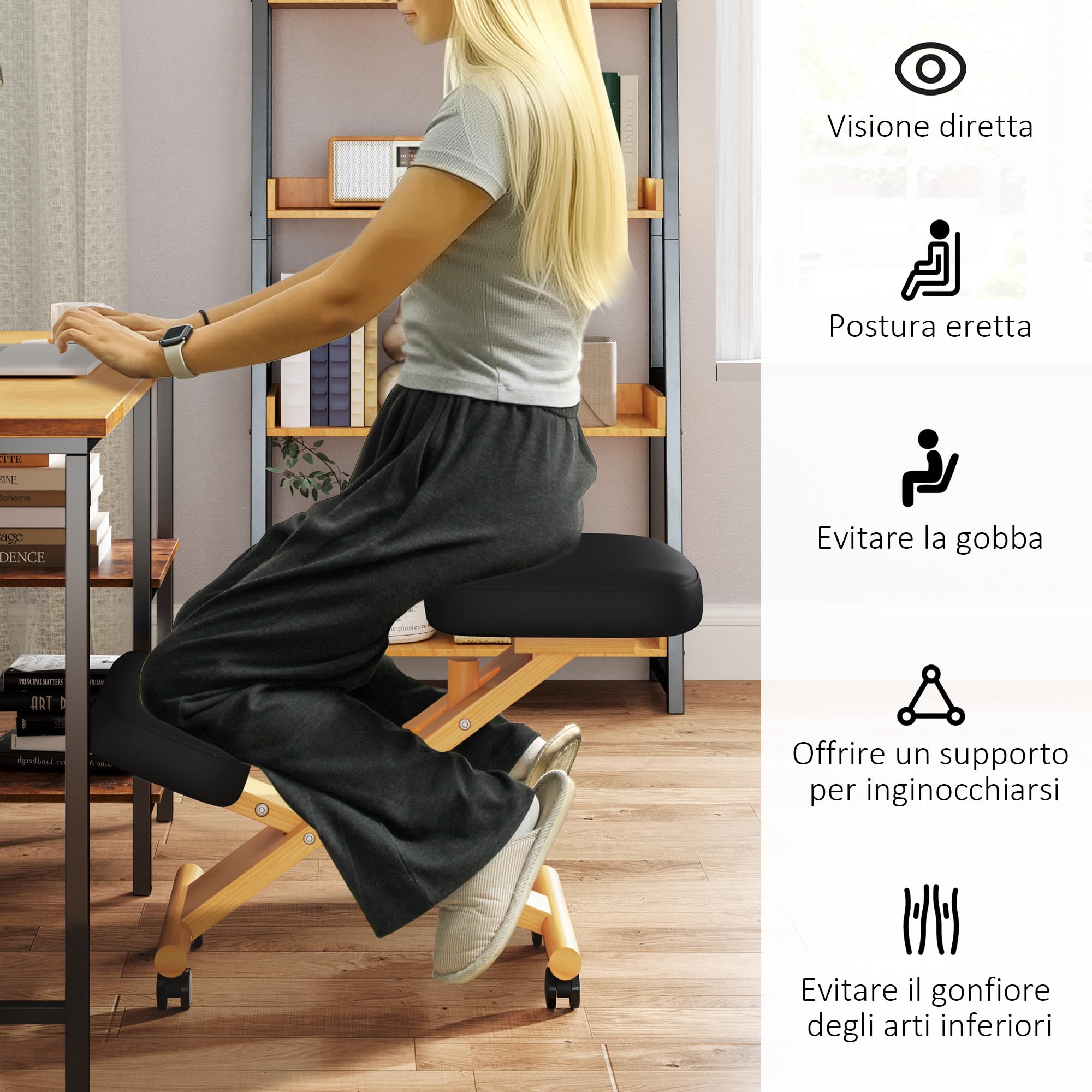 HOMCOM Sedia Ergonomica Inginocchiata, Sedia Posturale, Nero | Sgabello Ergonomico Inginocchiatoio, Legno di Caucciù, con Rotelle, Ufficio, Casa