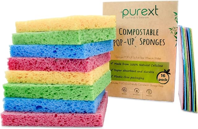PureXT 16 Pop-Up Eco Sponges | Compostable, Cellulose | Dish Cleaning, Washing Up, Kitchen, Bathroom